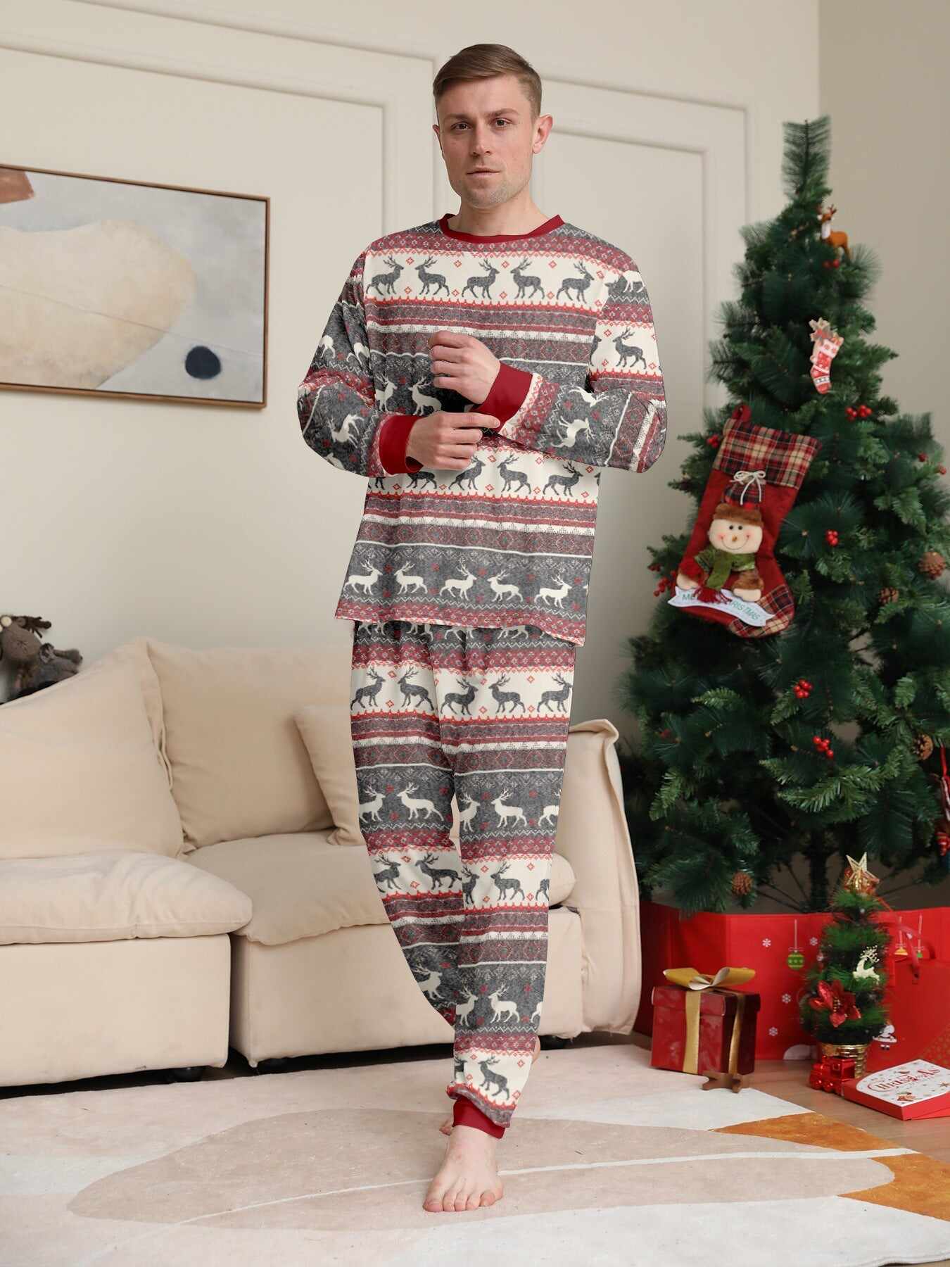 Family Parent-Child Elk Printed Flower Pajama Set