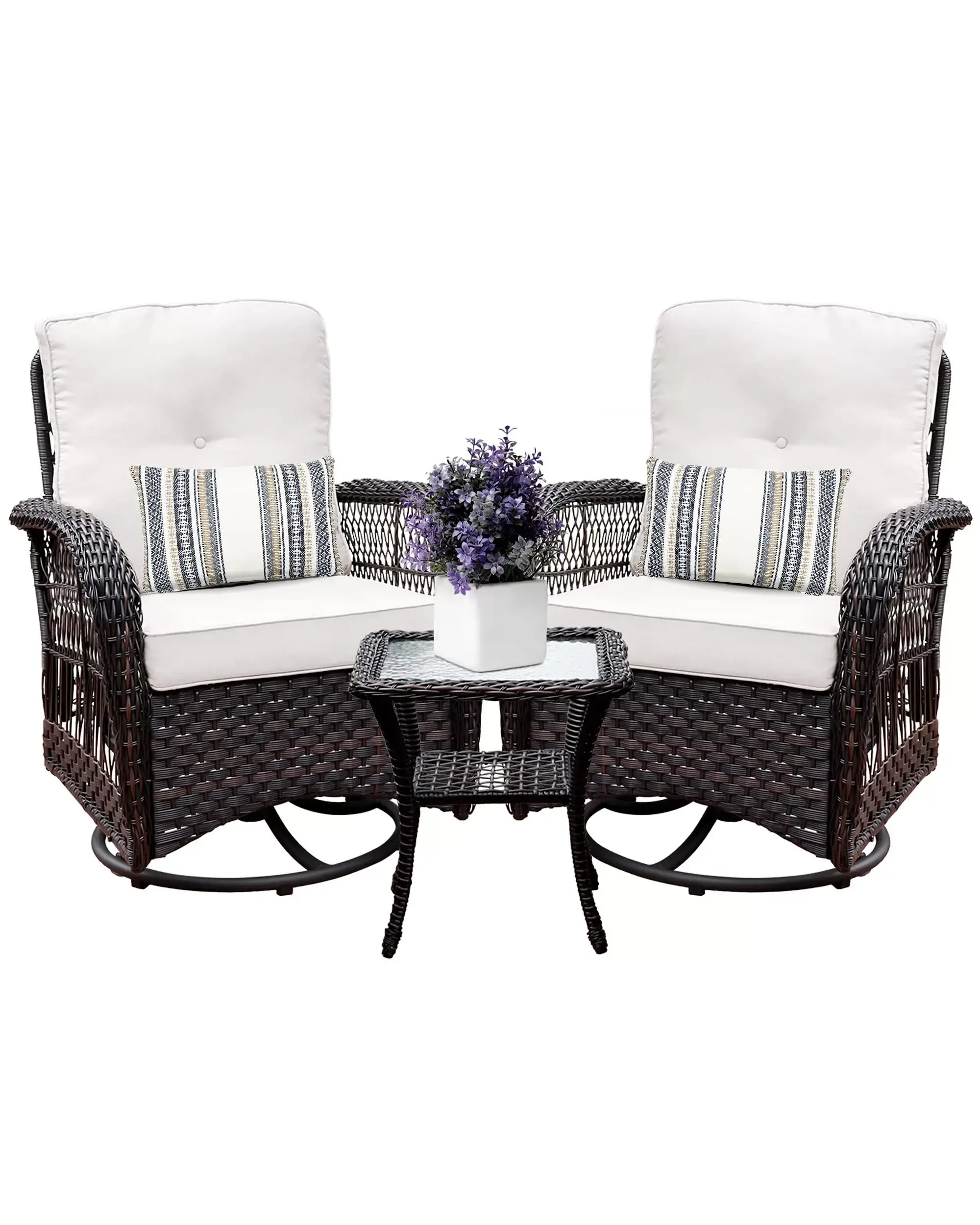 Outdoor Swivel Rocker Patio Chairs Set of 2 and Matching Side Table - 3 Piece Wicker Patio Bistro Set with Premium Fabric Cushions Outdoor Furniture (Dark Wicker Chair Beige Cushion)