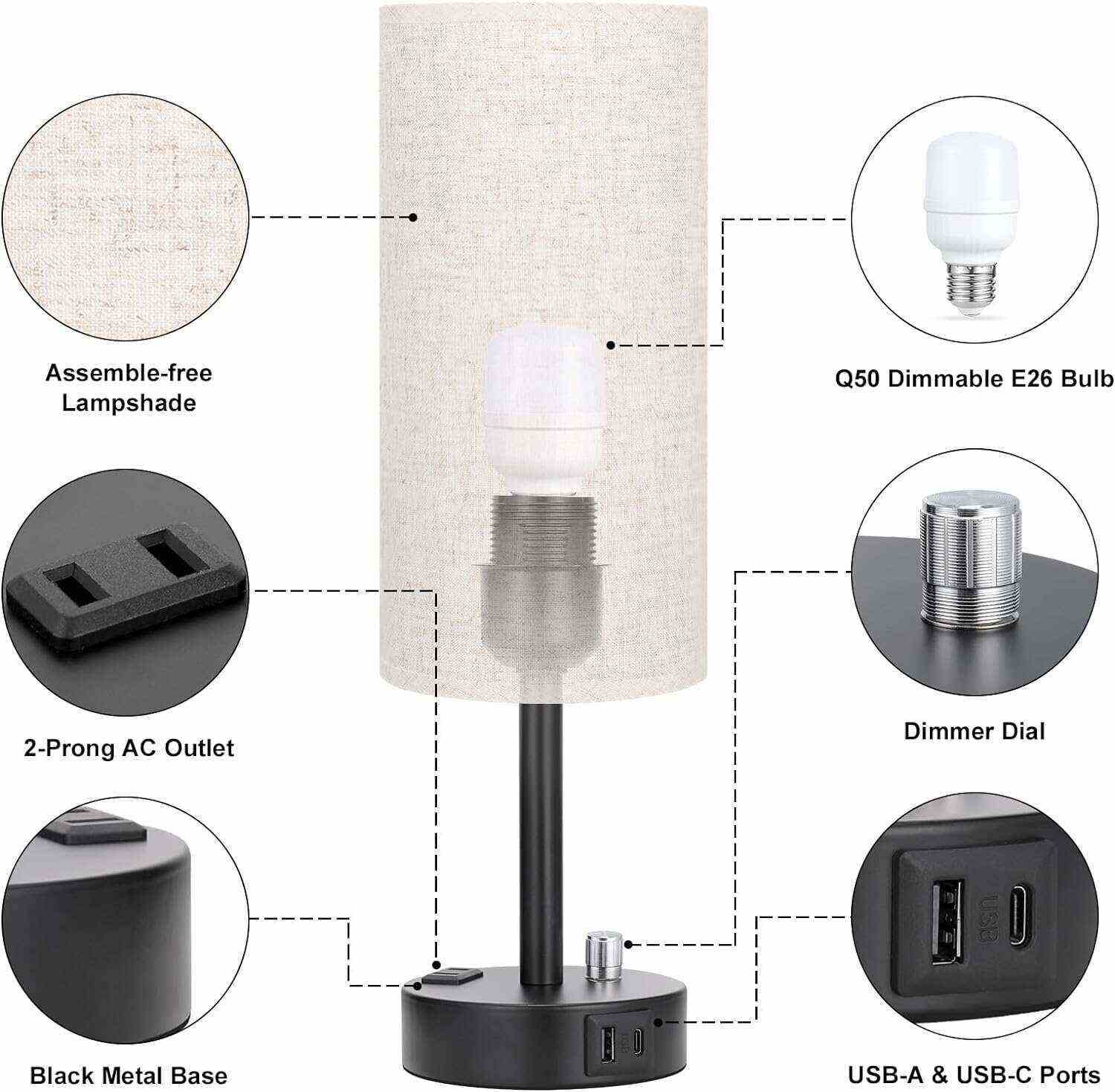 Bedside Table Lamp for Bedroom - 3 Way Dimmable Touch Lamp USB C Charging Ports and AC Outlet, Small Lamp Wood Base Round Flaxen Fabric Shade for Living Room, Desk, LED Bulb Included