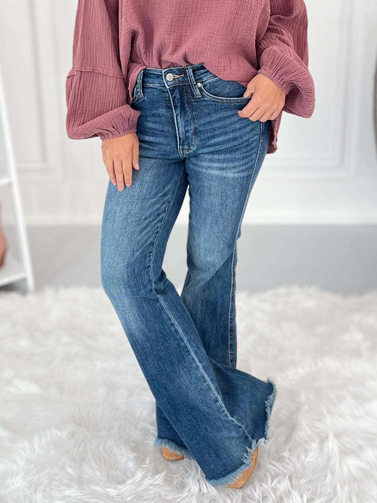 Christmas Tummy Control Fray Hem Flare Jeans- Final Sale