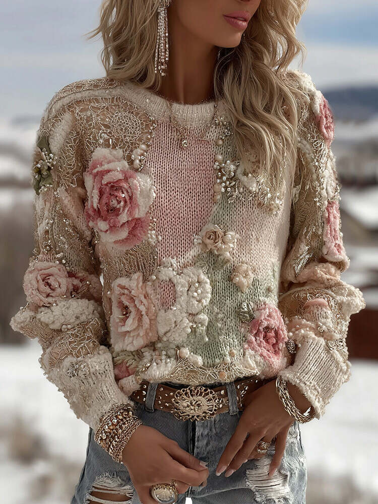 Women's Retro Rose Floral Art Gradient Cozy Casual Sweater