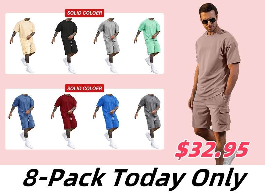 [S-6XL] Men's Solid Tee & Cargo Shorts Set