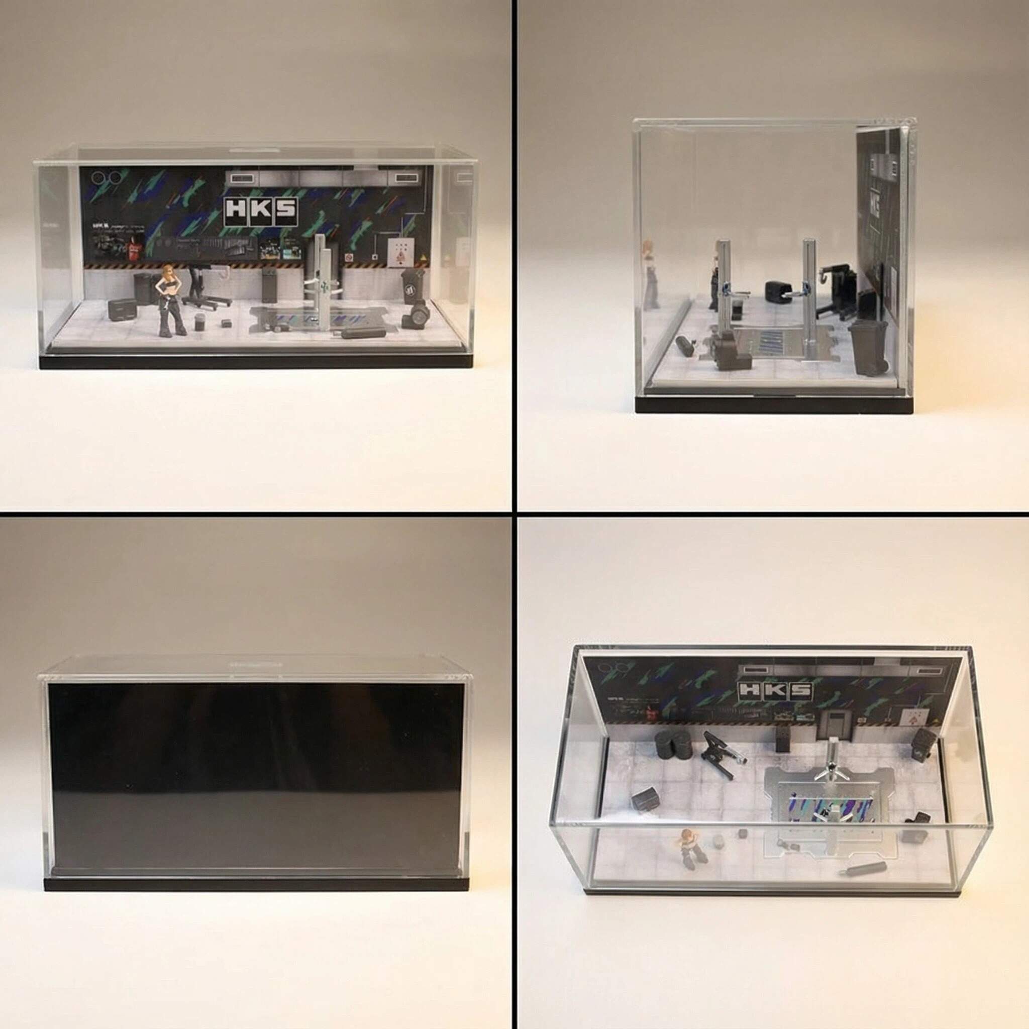 1:64 Scale Performance Tuning Garage Diorama Display Case – Motorsport Workshop Scene for Diecast Cars