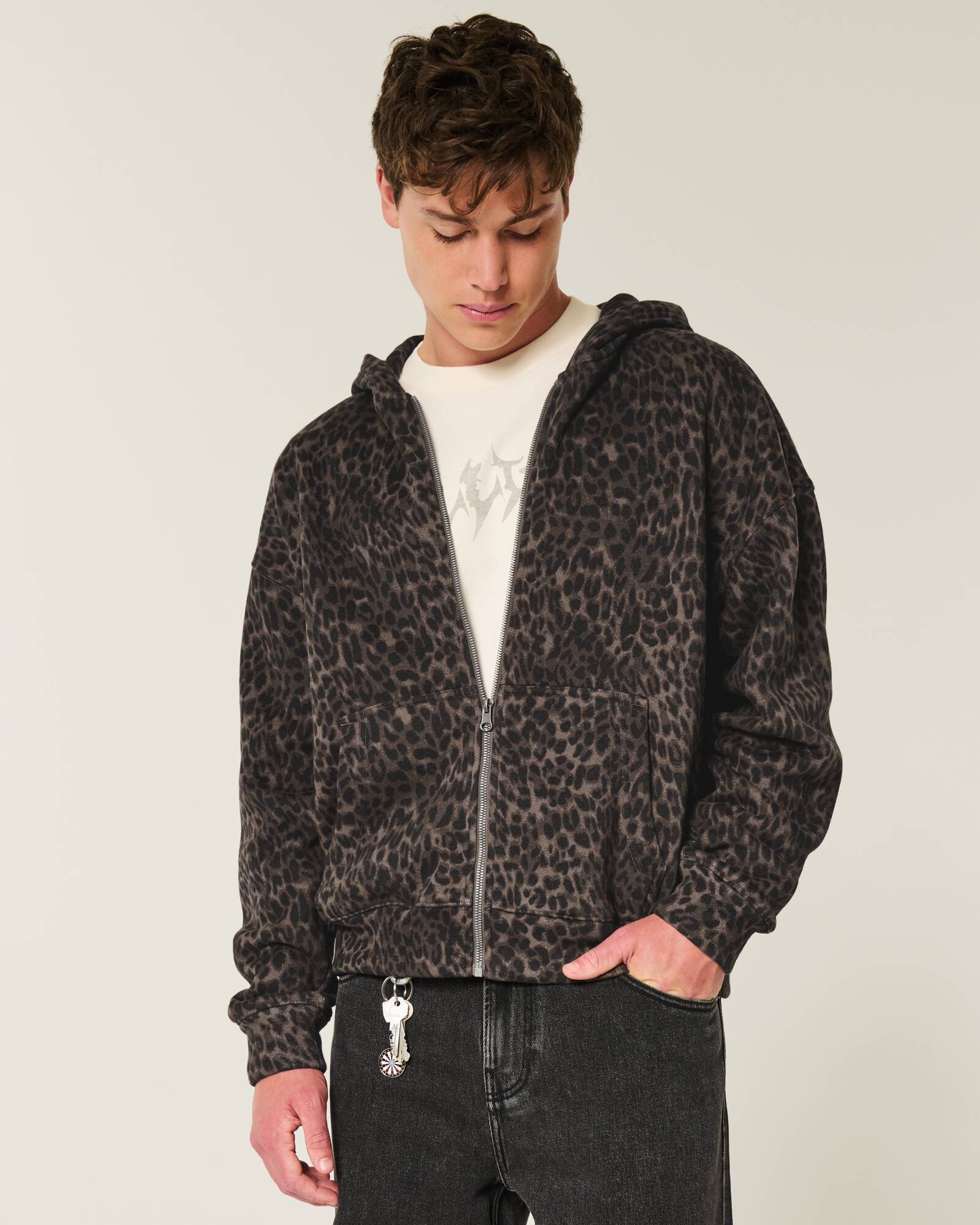 Boxy Zip-Up Leopard Print Hoodie