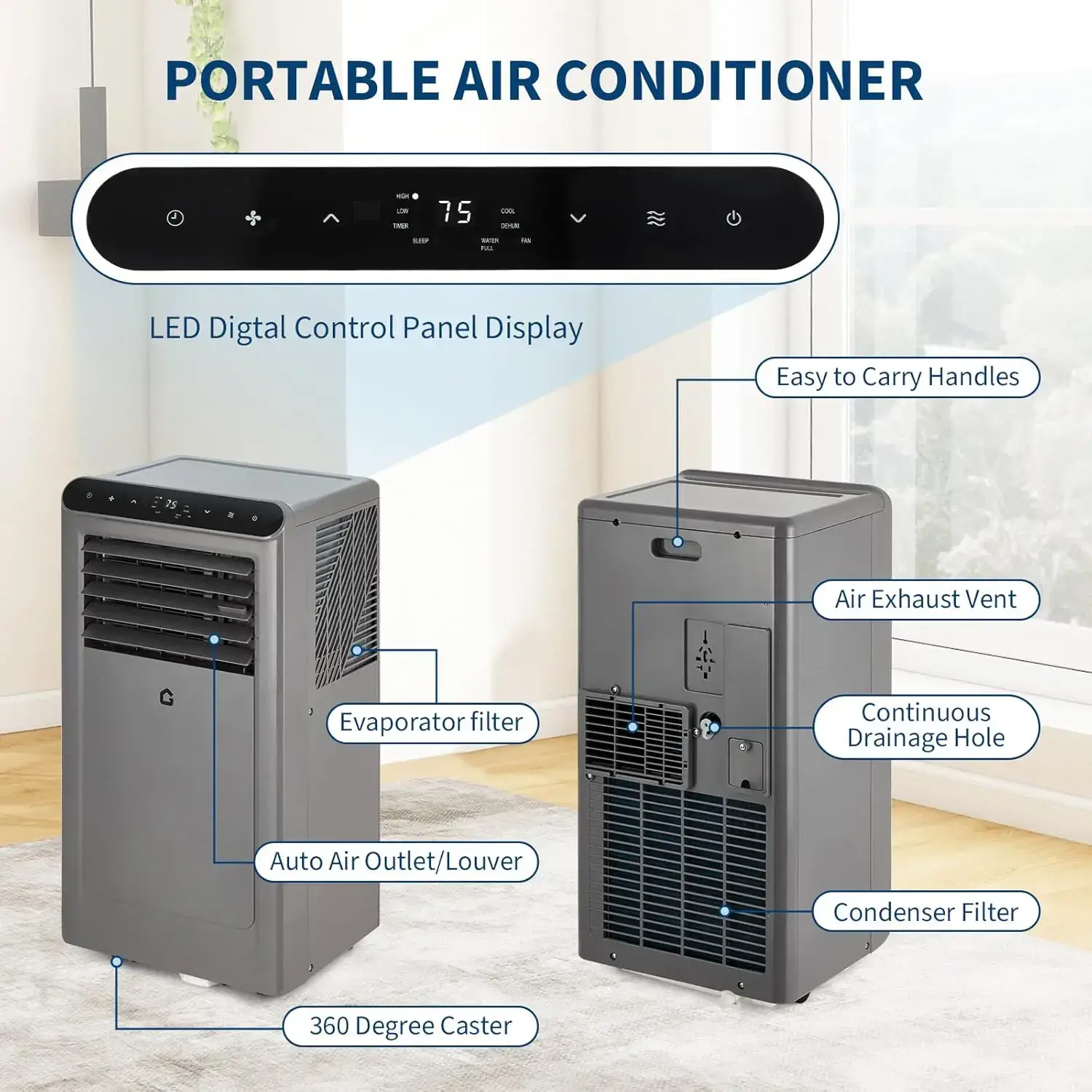 10000 BTU Portable Air Conditioners, 4-In-1 Portable AC Unit for Rooms Up to 350 Sq. Ft, Dehumidifier, Fan, Energy Saving, Remote Control, 24 Hour Timer, Sleep Mode, for Bedroom/Office