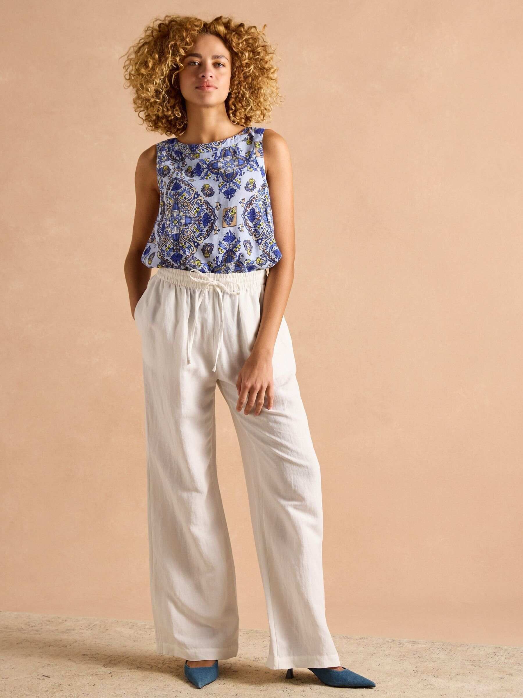 Cove Blue Linen-Blend Sleeveless Top