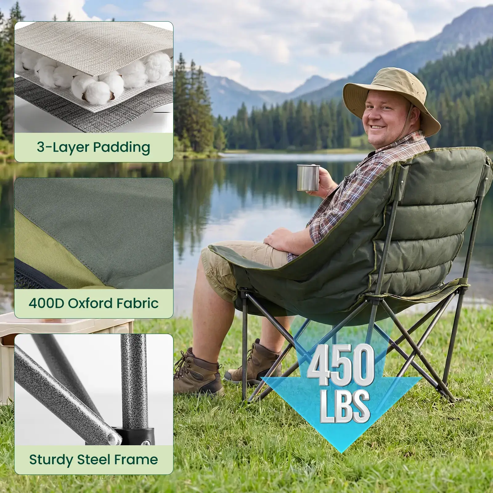 Comfort Folding Camping Chair，With 440 Lbs Capacity, Reinforced Steel Frame And 600D Oxford Fabric, 2 Cup Holders And Side Pockets, Folds Into Carry Bag, Perfect For Outdoor Concert And Glamping