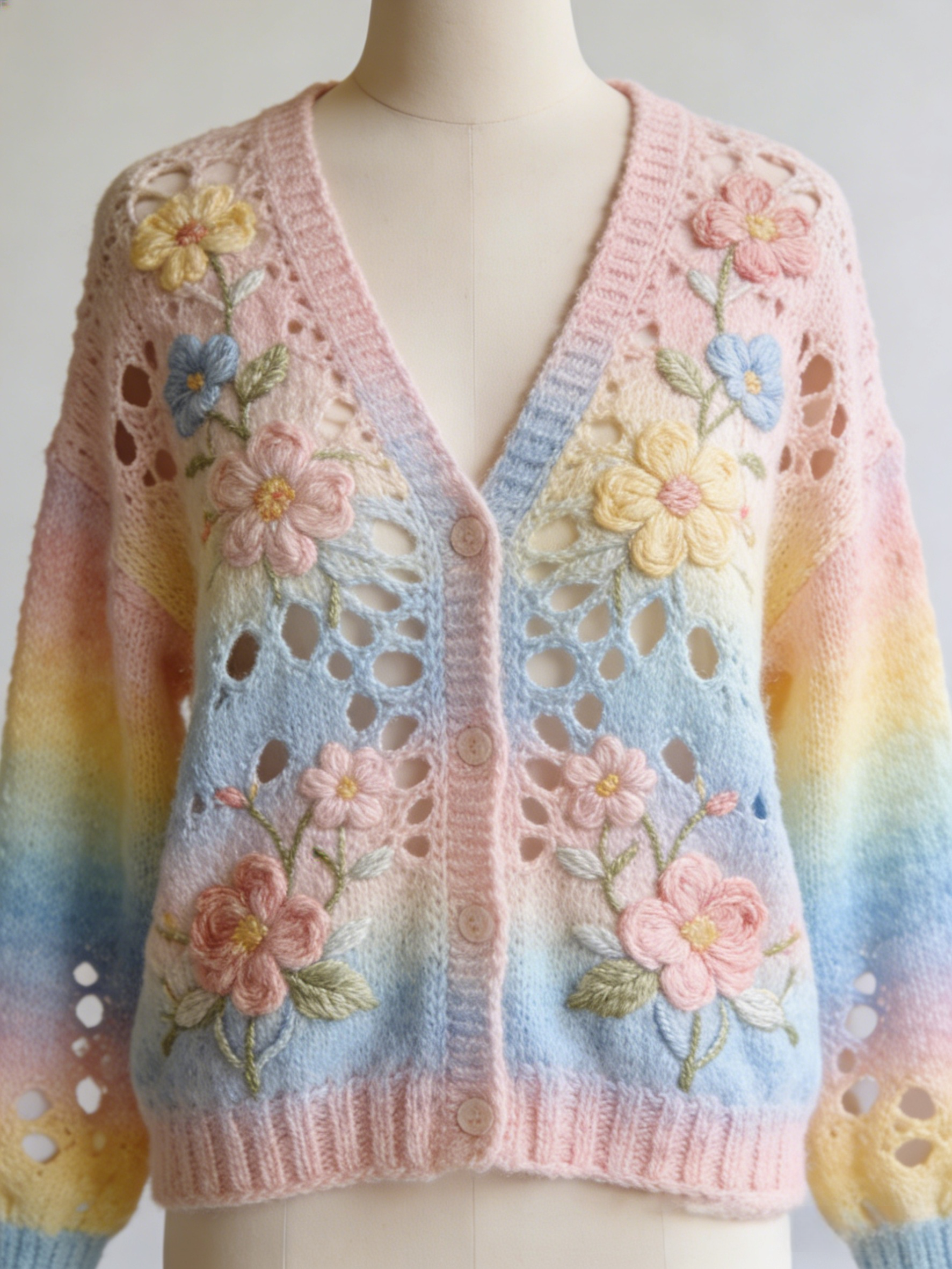 Handmade Floral Rainbow V Neck Hollow Out Knit Cardigan Spring