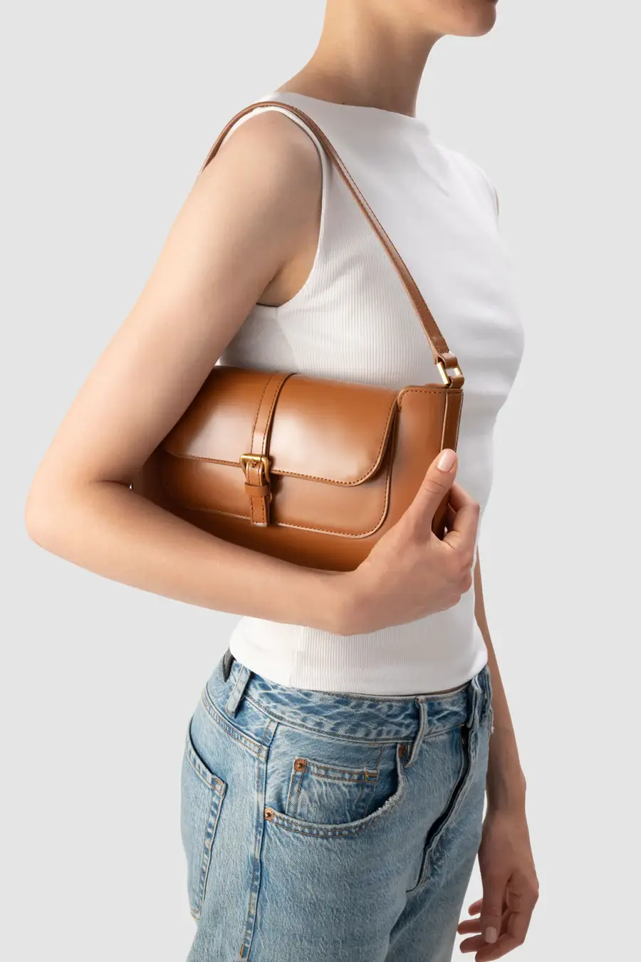 Black Semi Patent Leather Shoulder Bag