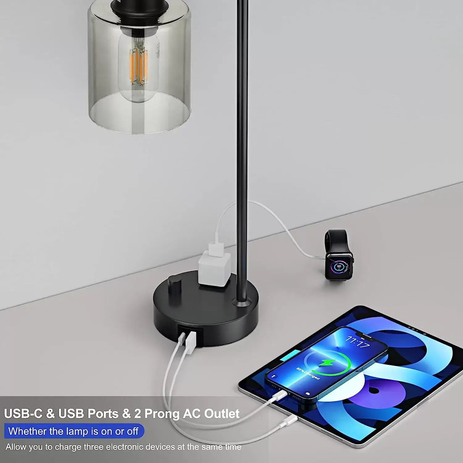 Industrial Bedside Table Lamp for Bedroom - Nightstand Lamps with USB C Charging Port, Fully Dimmable Black Lamps with USB Ports and Outlets, Small Desk Lamp with Glass Shade for Office Living Room