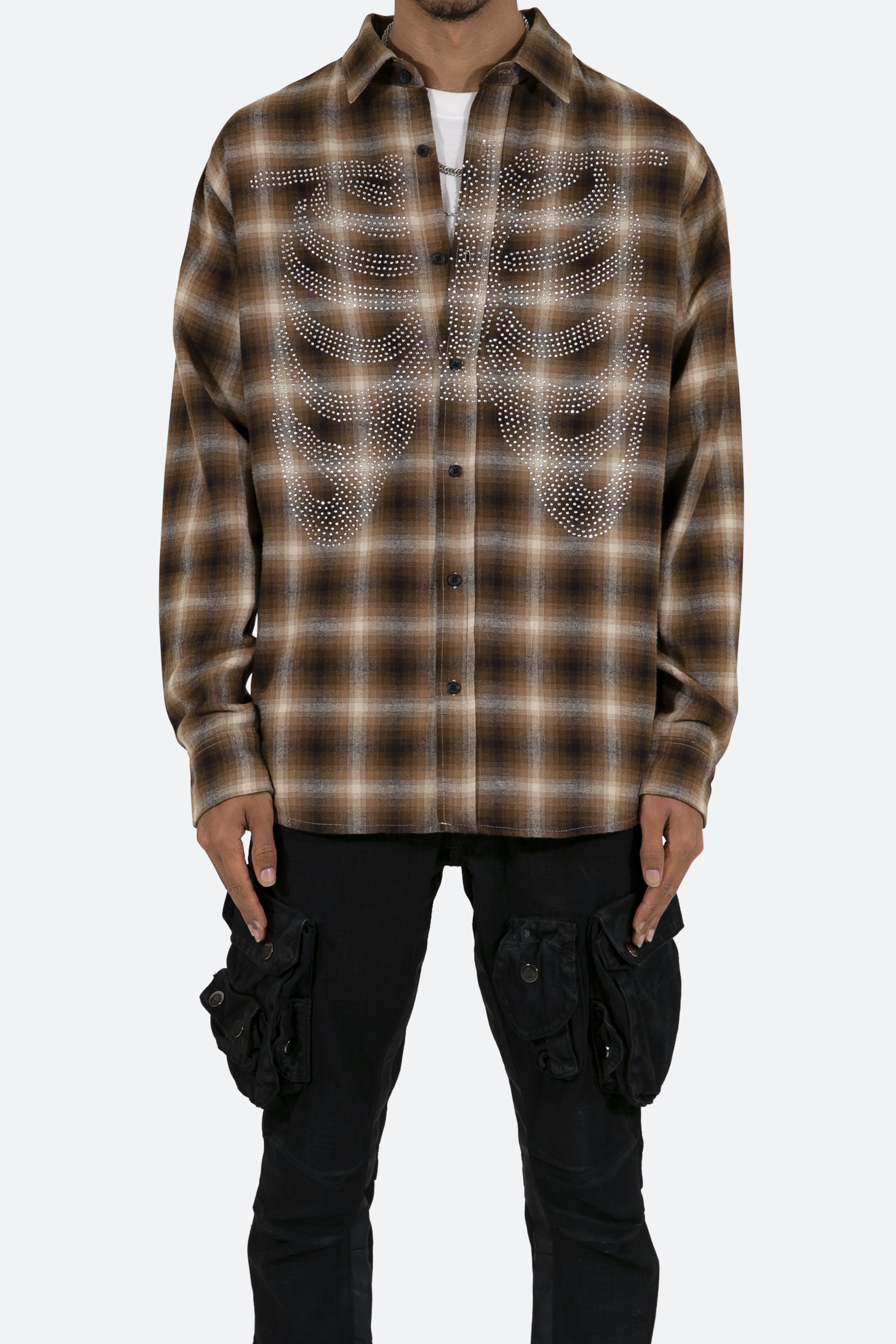 Rhinestone Skeleton Flannel Shirt - Brown