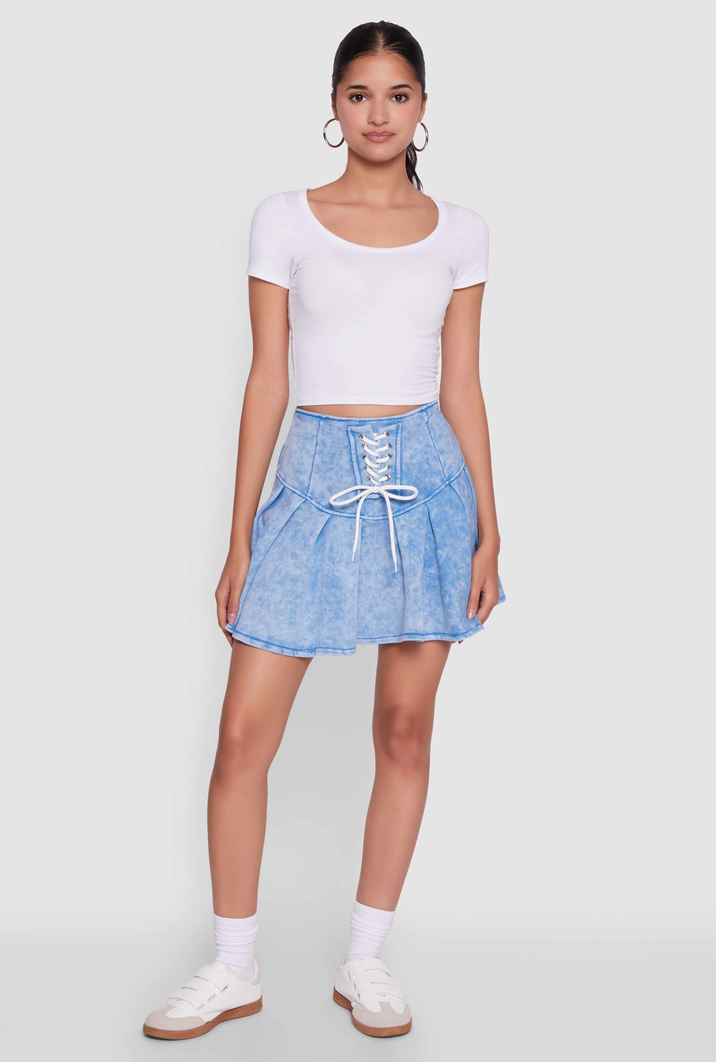 Trendy Lace Up Detail Mineral Wash Pleated Skirt