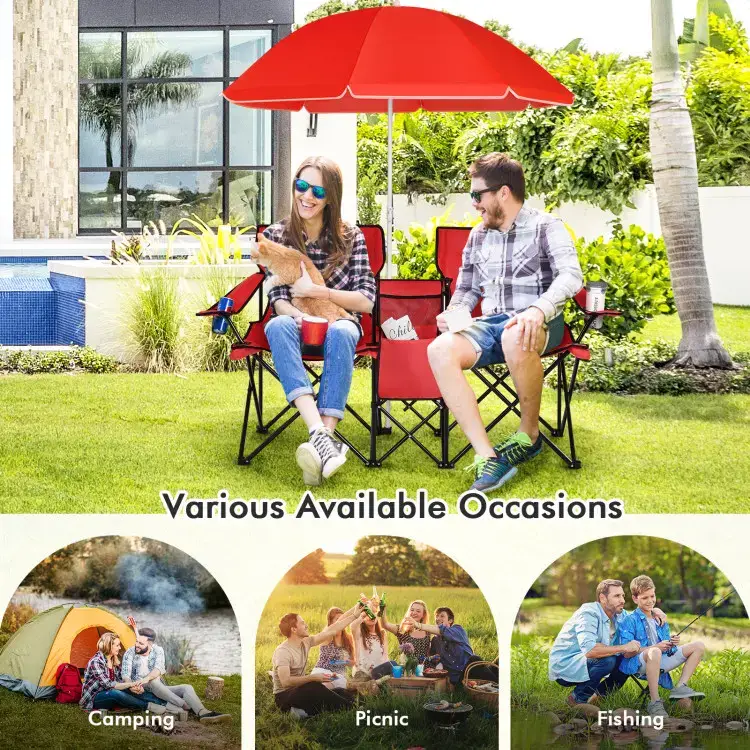 COSTWAY Double Portable Picnic Chairs, Folding Camping Chairs w/Detachable Umbrella, Cooler Bag, Cup Holders, Patio Beach Camping Chairs for Outdoors football baseball season