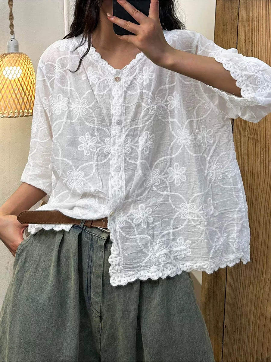 🔥Summer Arrivals🌟Women's V-neck Half Sleeve Embroidered Cardigan Buttoned Casual Linen Top