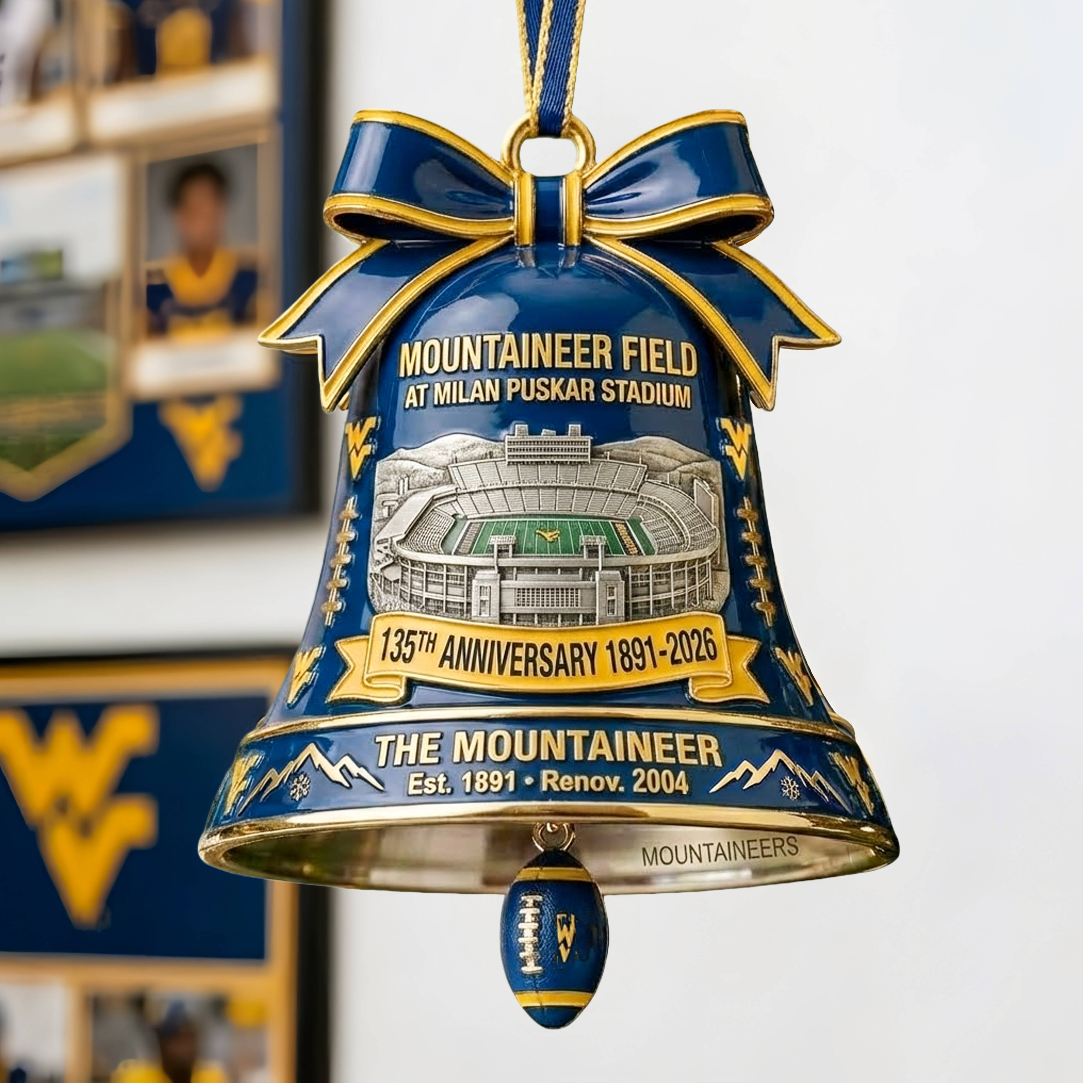 WVU Mountaineer Field 135th Anniversary Bell Ornament