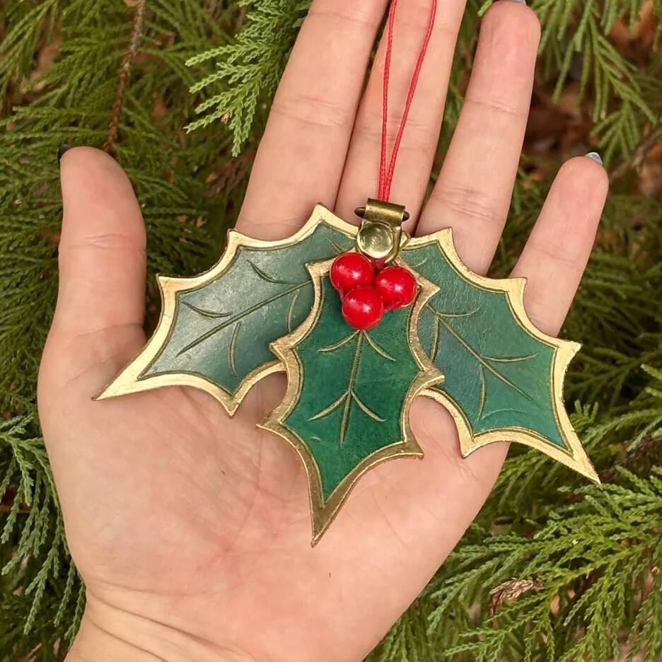 Holly Leaf Mistletoe Leather Ornament