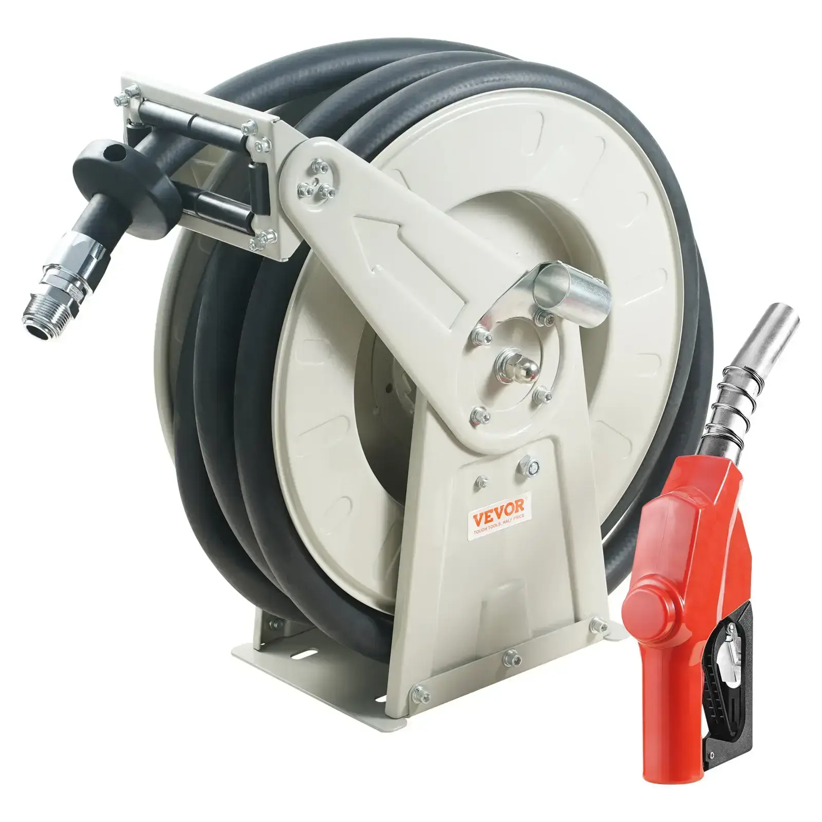 Fuel Hose Reel,Extra Long Retractable Diesel Hose Reel, Heavy-Duty Carbon Steel Construction with Automatic Fuel Nozzle, NBR Rubber Hose for Aircraft Ship Vehicle Tank Truck, 300PSI