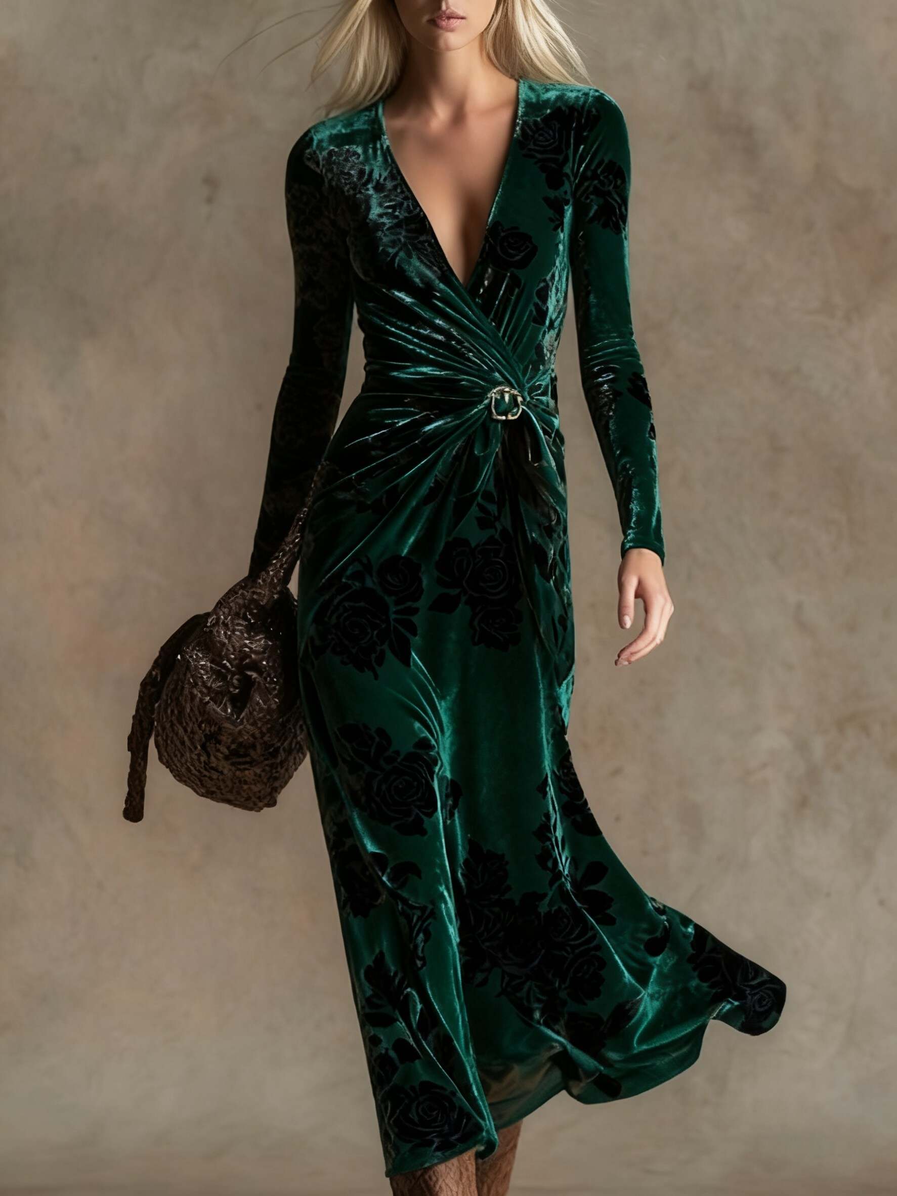 Elegant vintage print V-neck velvet maxi dress