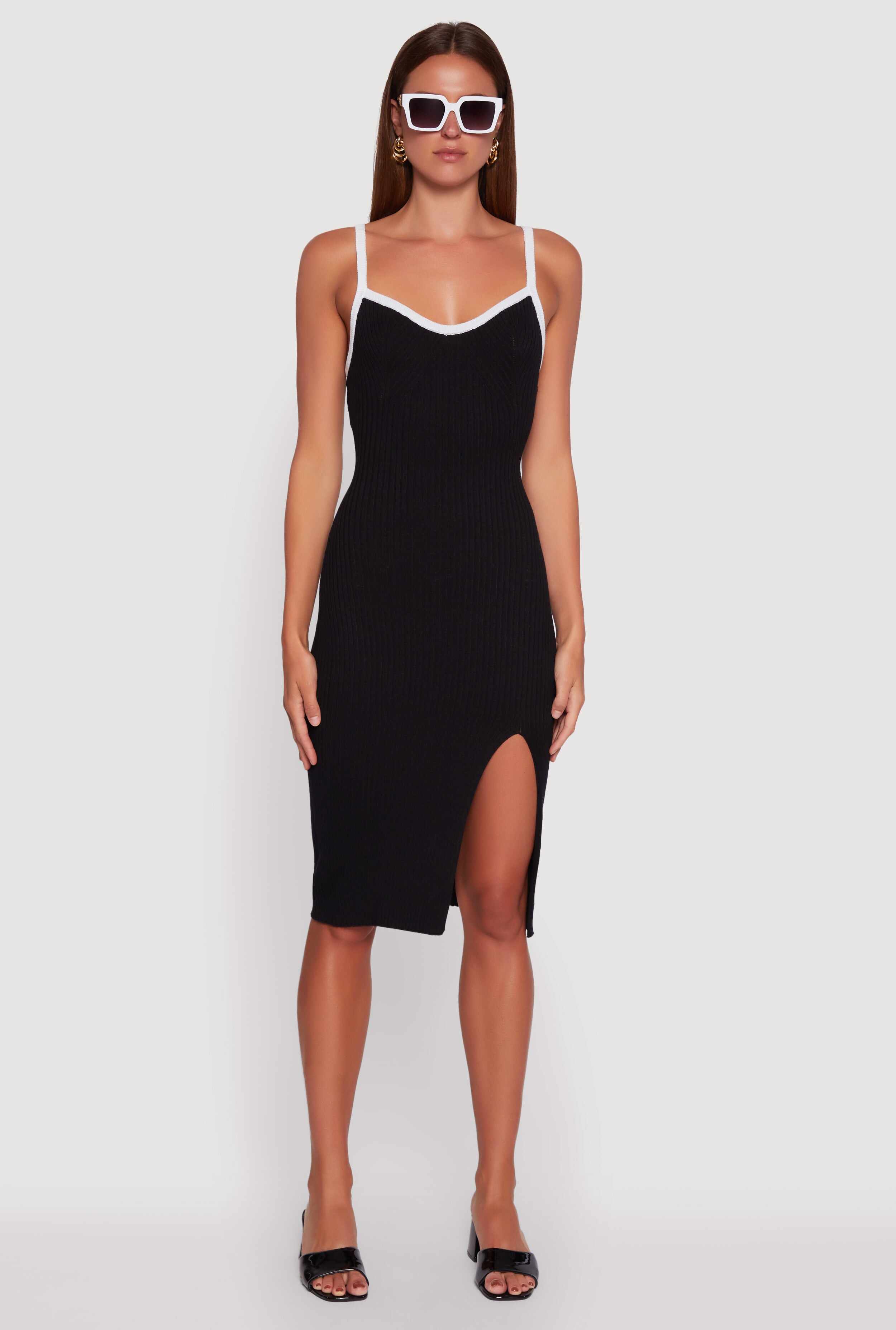 Contrast Trim Front Slit Cami Dress