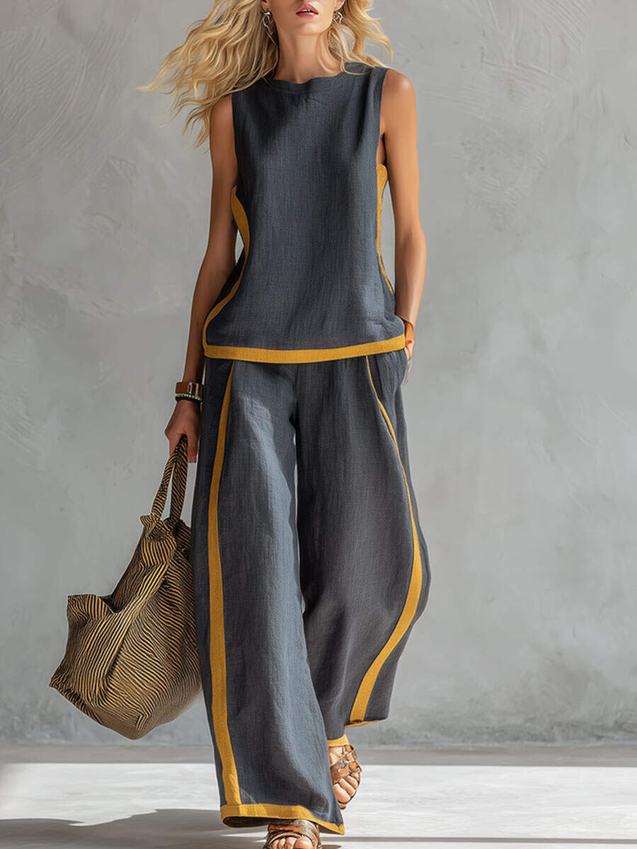 🔥Summer Arrivals🌟Women's Round Neck Sleeveless Casual Loose Top And High-waisted Loose Wide-leg Pants Cotton And Linen Set.
