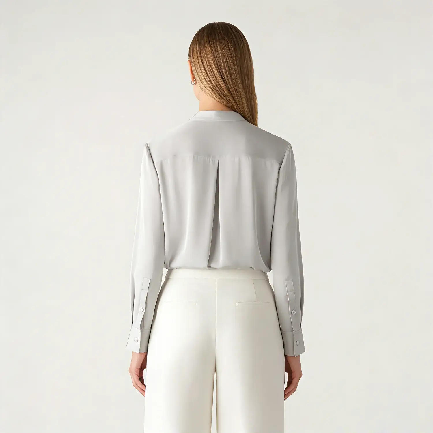 Solid Color Silk Shirt Long Sleeve with Neck Tie