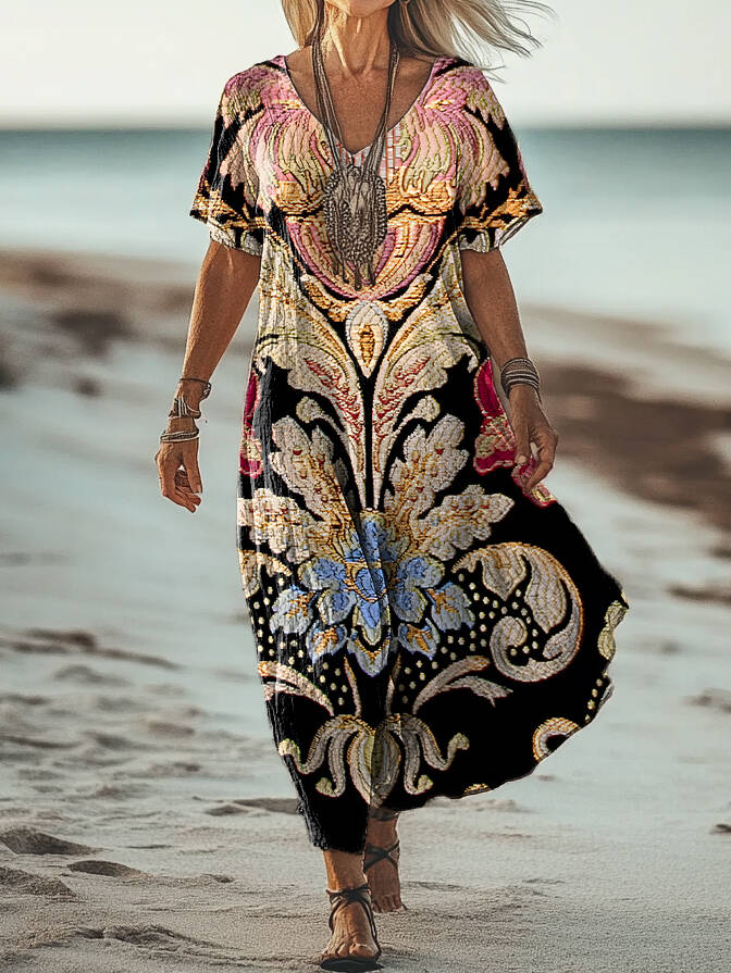 Women's Vintage Ethnic Floral Art Print Pocket Cotton Dress