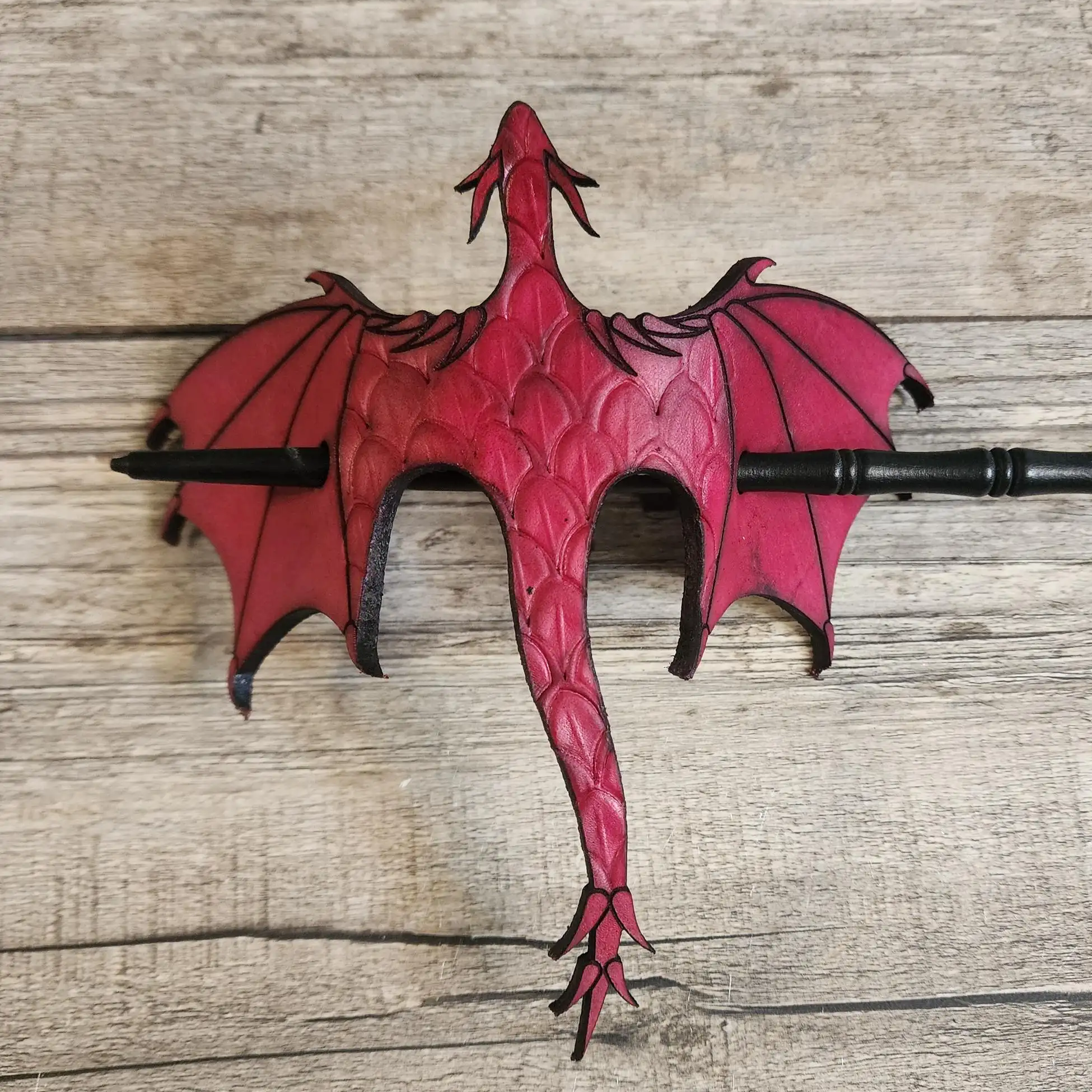 Leather Tooled Dragon Hair Slide w/ Wood Stick
