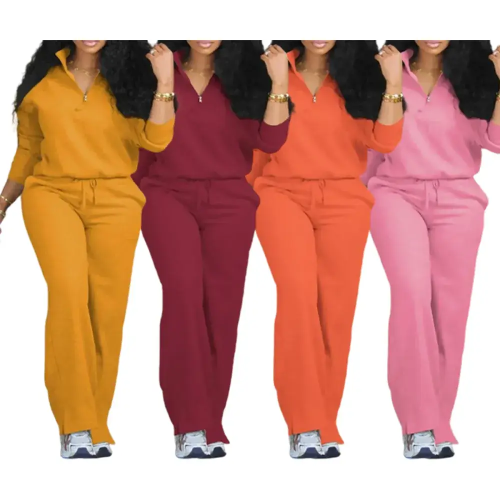 Women's Solid Half Placket Split Hem Pants Set