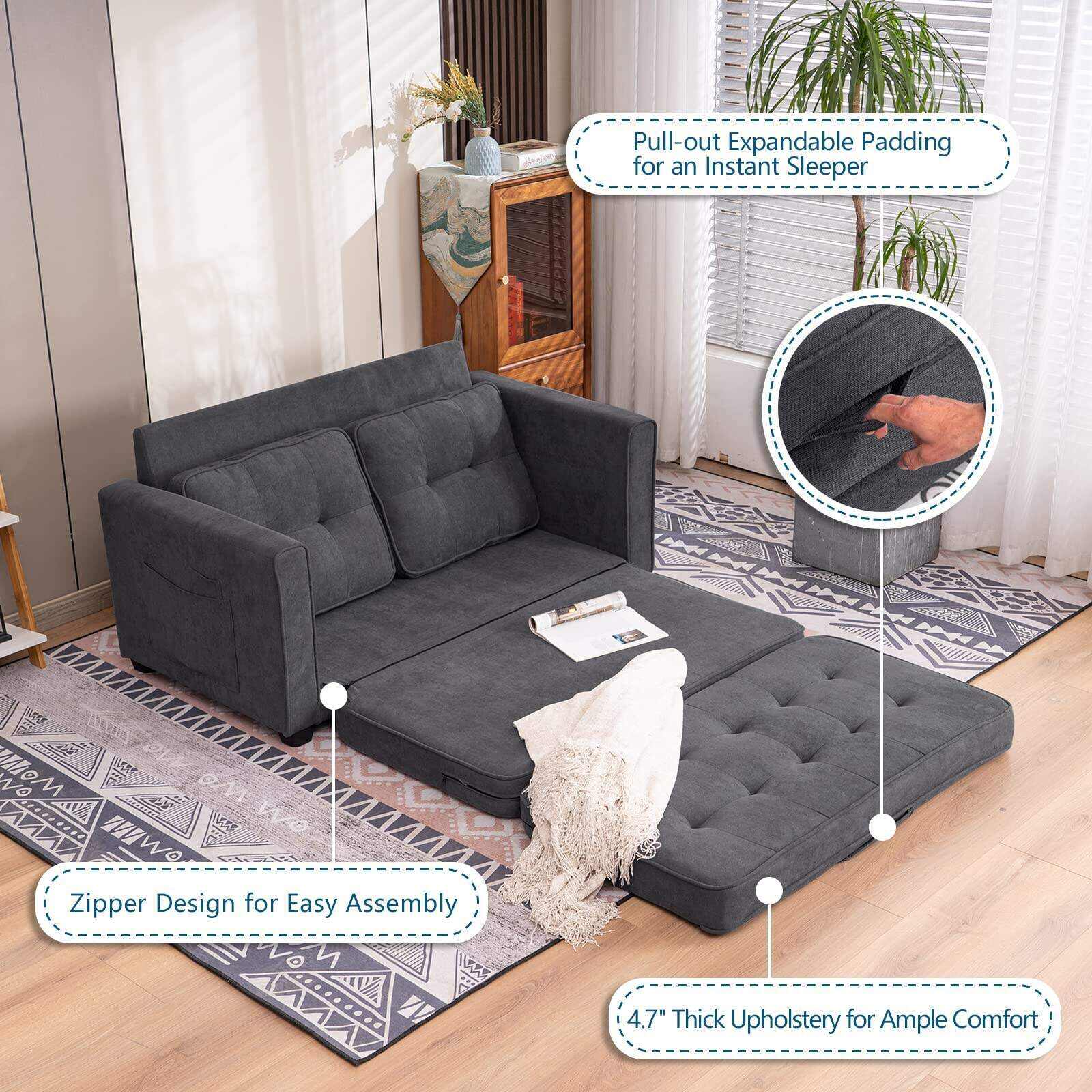 80in Loveseat Sleeper Convertible Loveseat Sofa Bed Black/Navy Blue/Dark Grey/Light Grey/Teal Blue