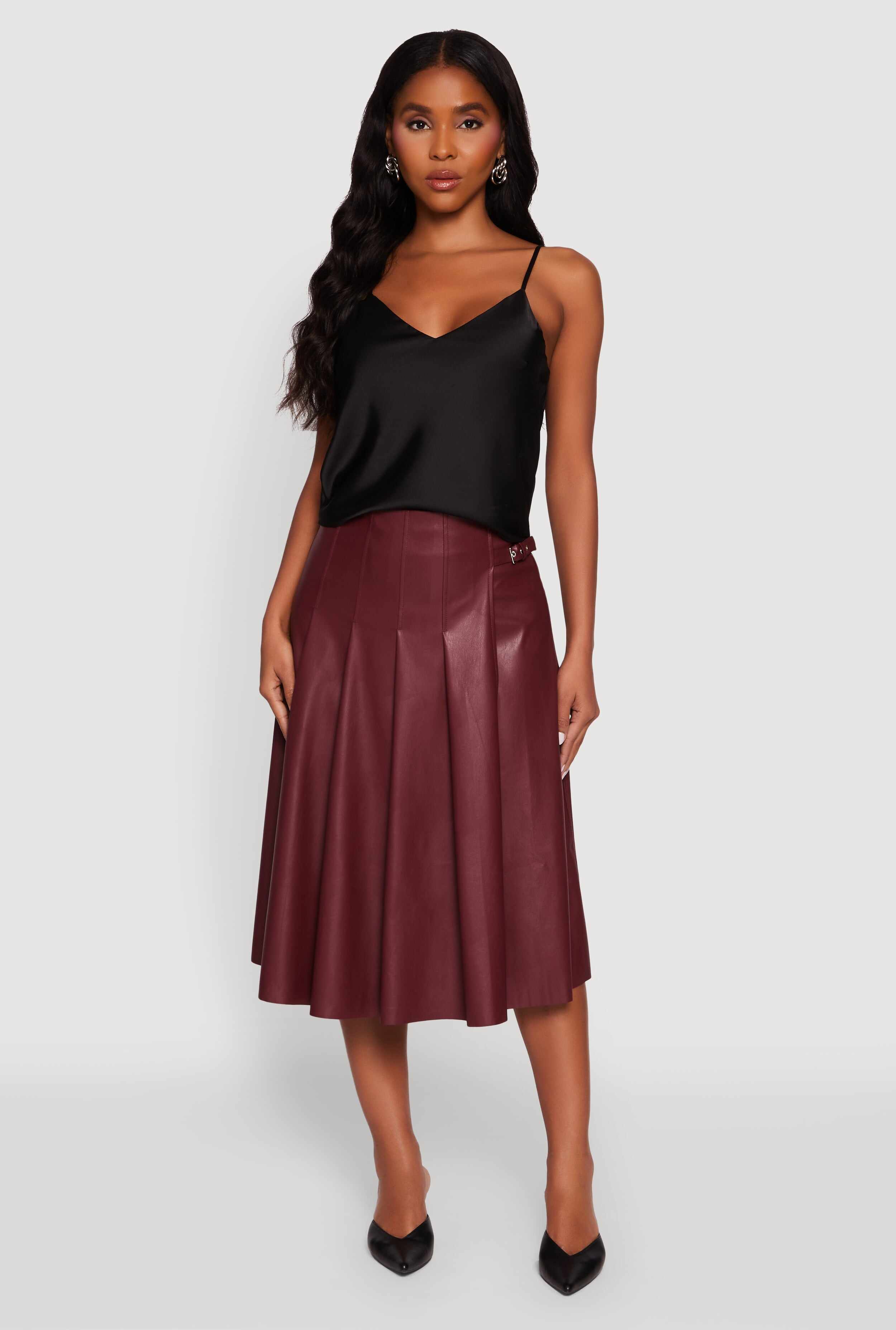 Faux Leather Buckle Detail Midi Pleated Skirt