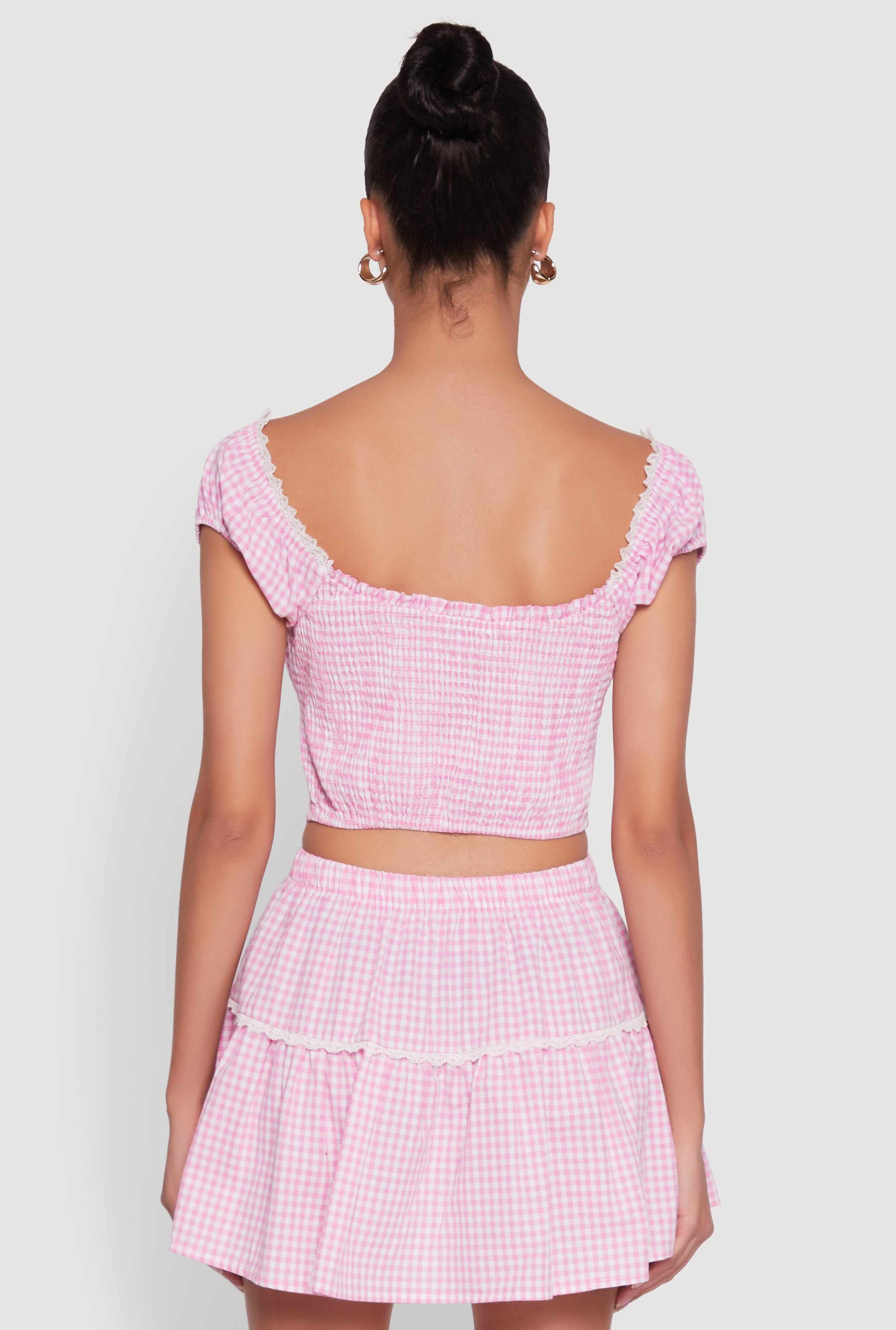 Lace Detail Gingham Puff Sleeve Crop Top