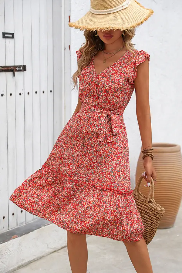 Fashion Ruffle Sleeve Flower Print Casual Dress