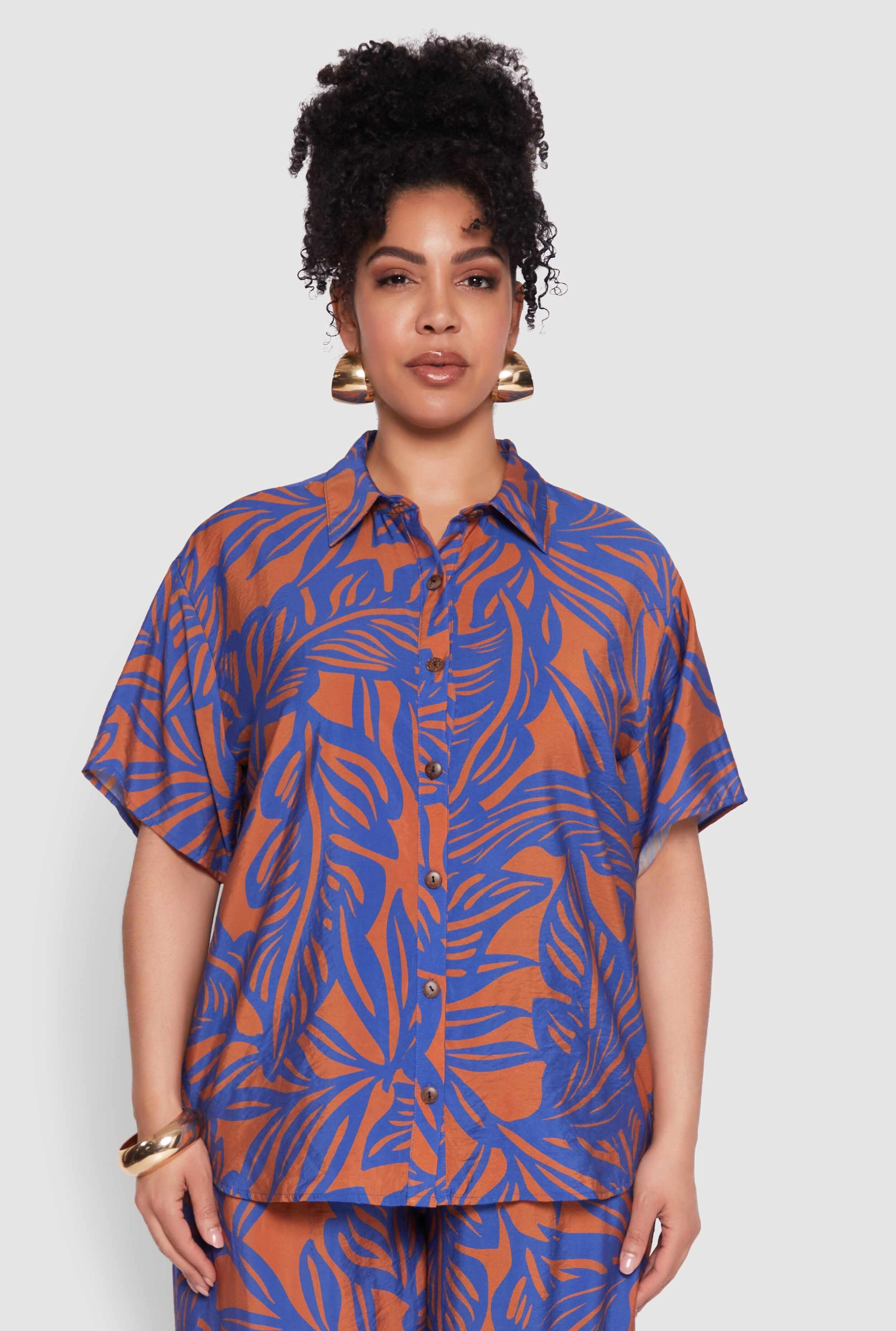 Plus Size Leaf Print Blouse