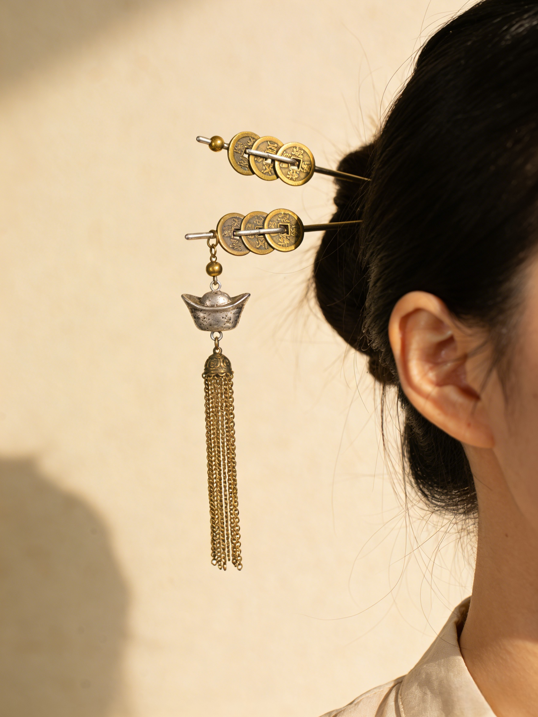 Vintage Gold Sterling Silver Overgild Copper Coin Sycee Tassel A Pair Hairpin