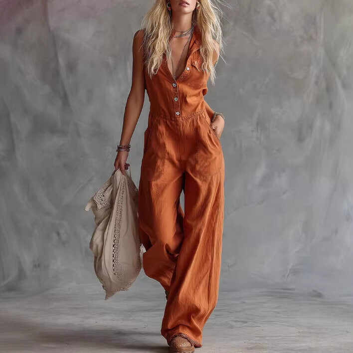 Women's Shirt-collar Sleeveless Wide-leg Jumpsuit