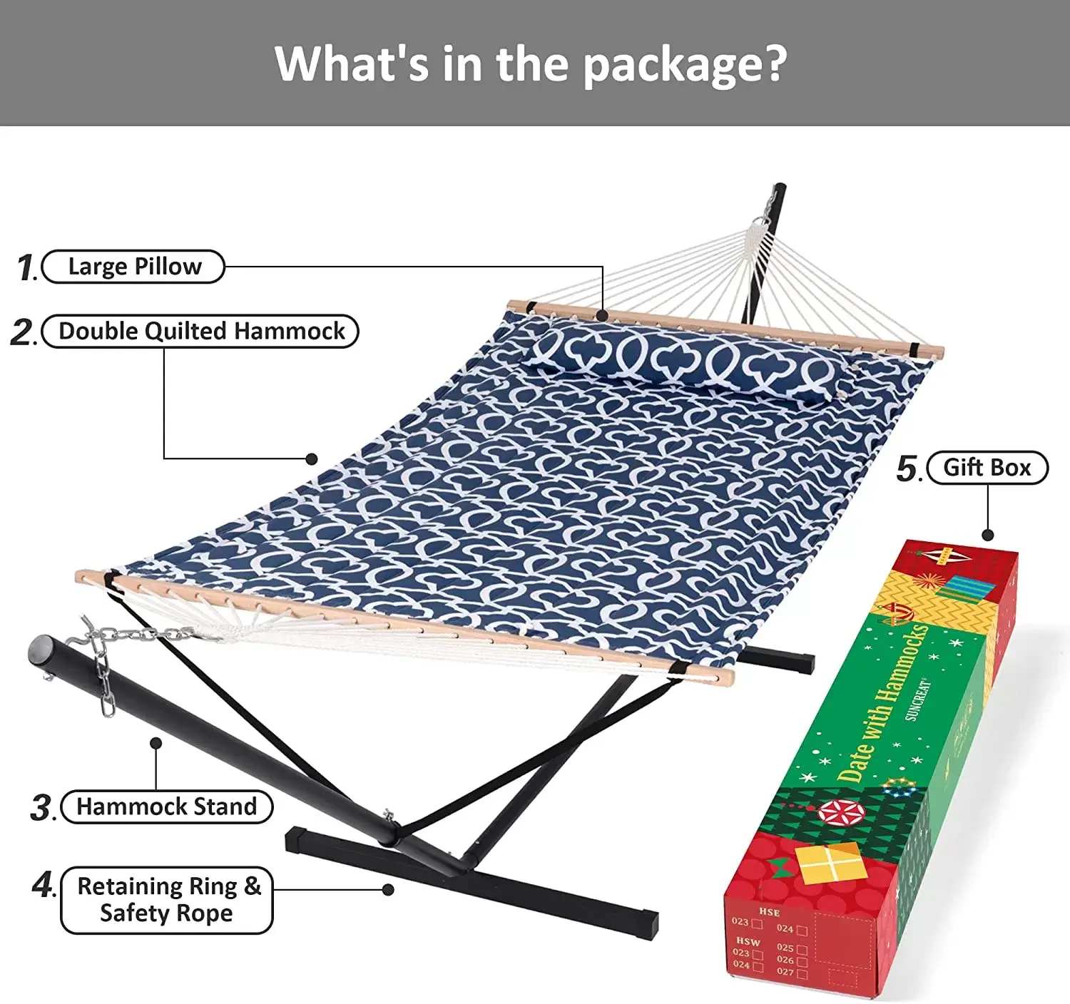 55 Inch Extra Large Double Hammock with Stand, 475lbs Capacity, Outdoor Portable Hammock with Hardwood Spreader Bar, Extra Large Pillow