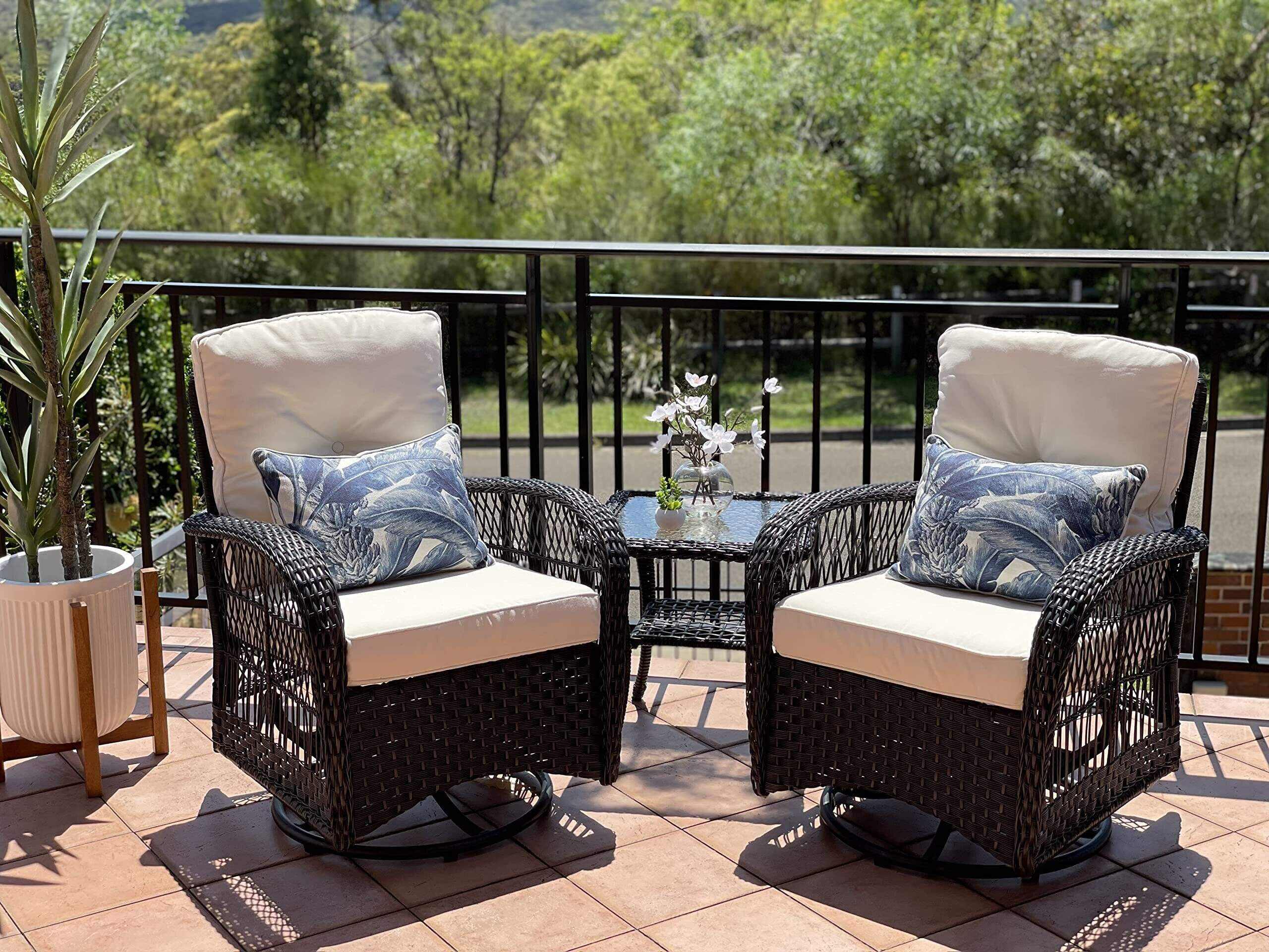Swivel Rocker Patio Chairs Set of 2 and Matching Side Table - 3 Piece Wicker Patio Bistro Set with Premium Fabric Cushions Furniture (Dark Wicker Chair Beige Cushion)