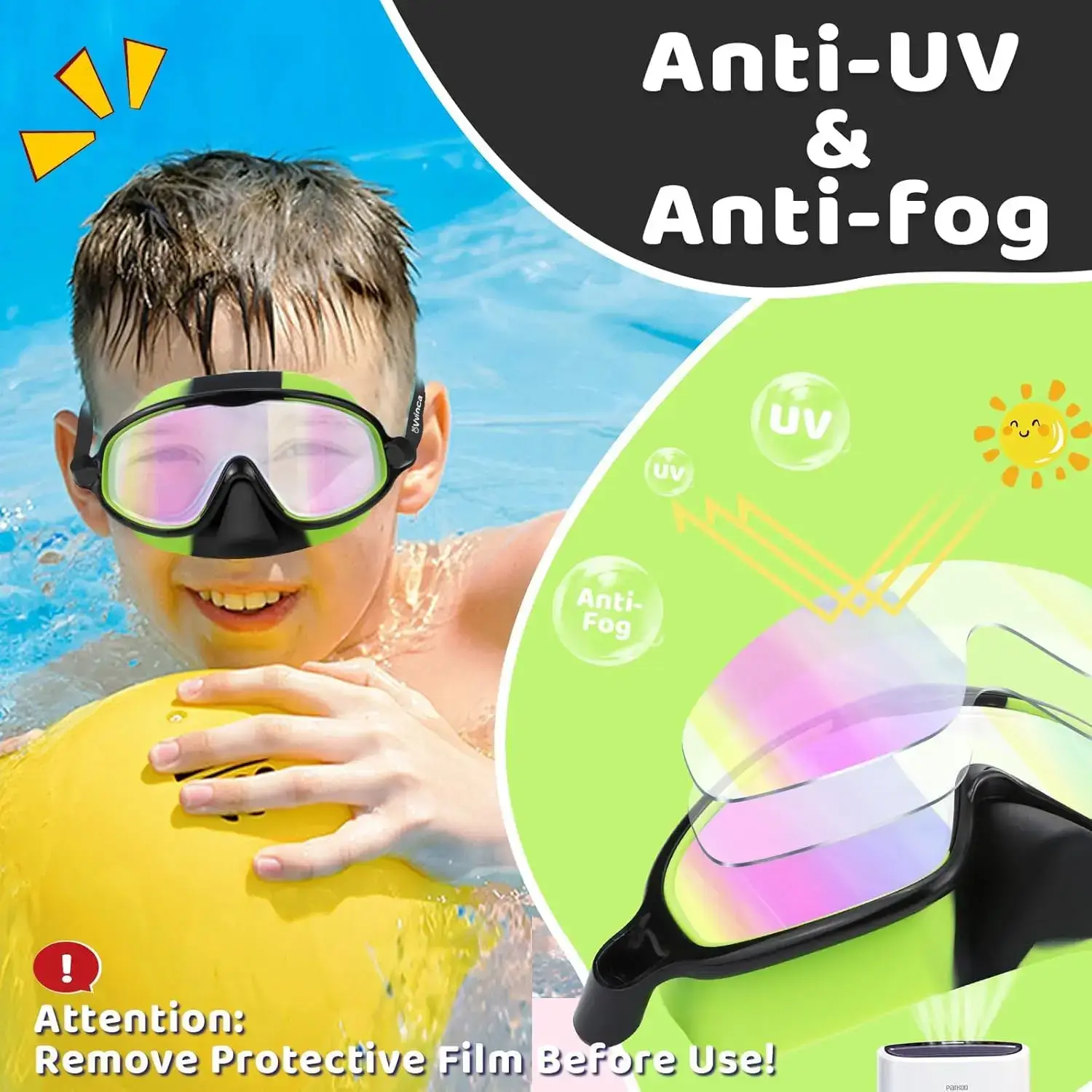 Swim Goggles 2 Pcs with Nose Cover for Ages 3-12+ Kids,Youth,UV Protection Anti-Fog Wide View Anti-Shattered Lens for Boys and Girls - Safety anti-uv swim glass anti-fog swimming goggles for Outdoor, Lake,Beach, Summer Party