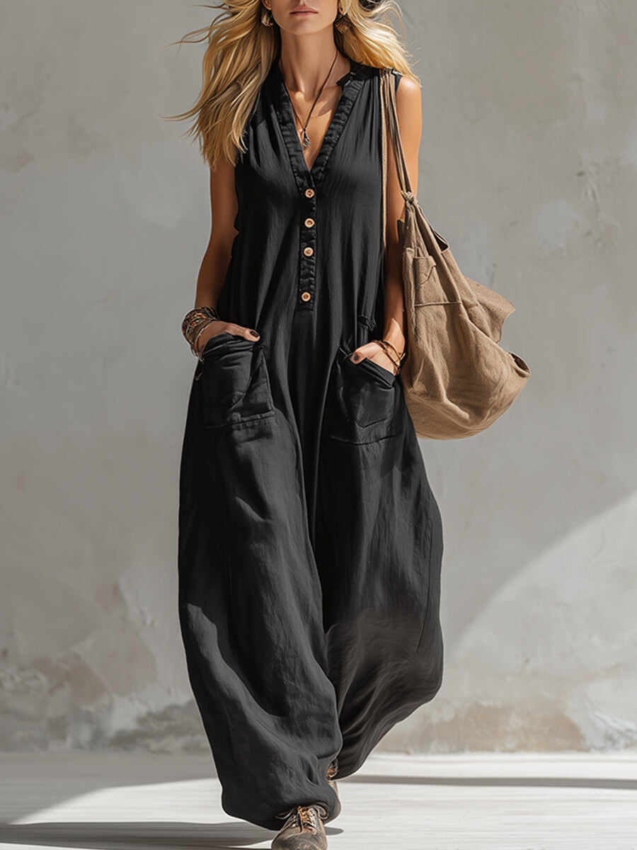 🔥Summer Arrivals🌟Elegant Urban-style Black Cotton And Linen Sleeveless Jumpsuit