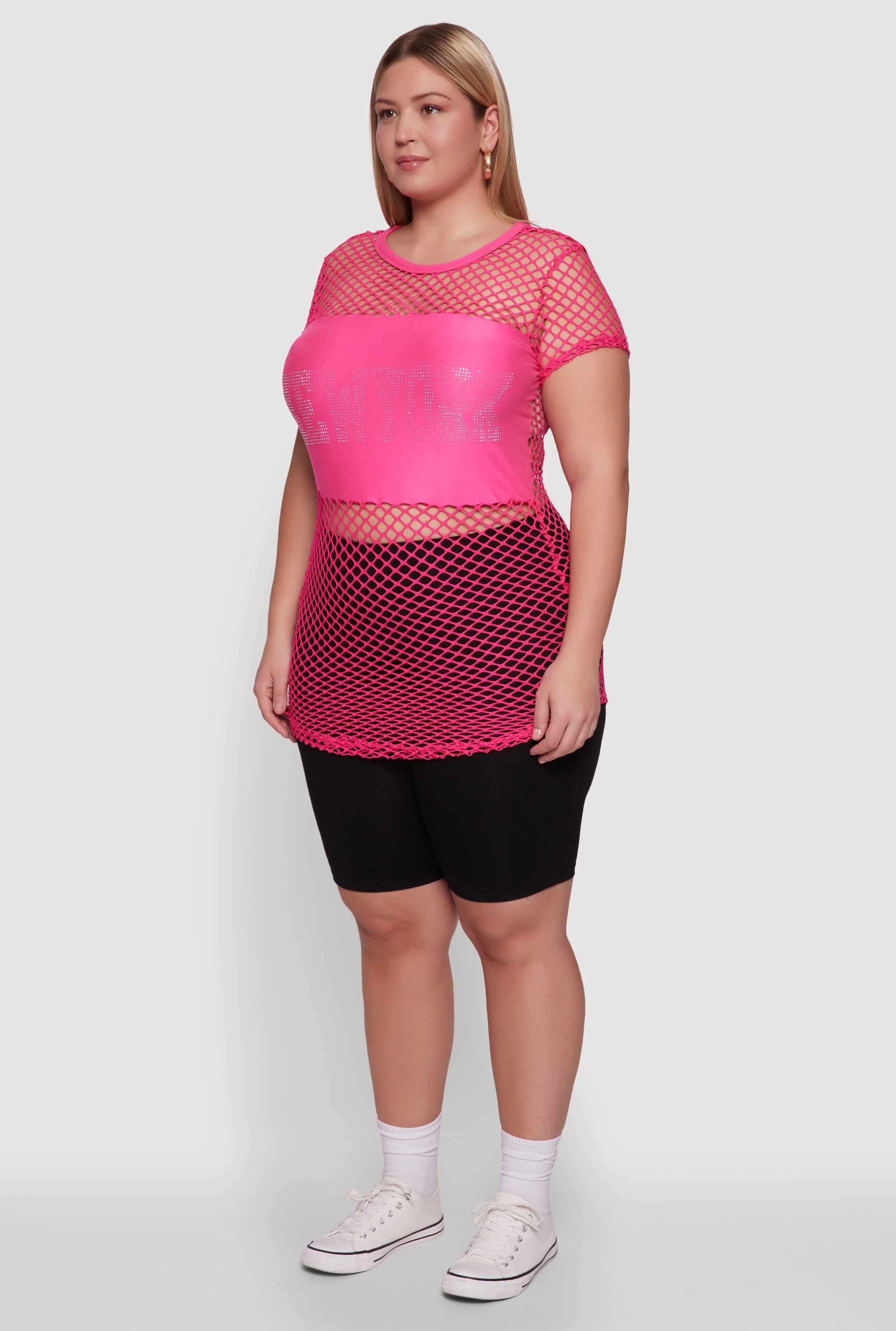 Plus Size New York Rhinestones Fishnet Tunic Top