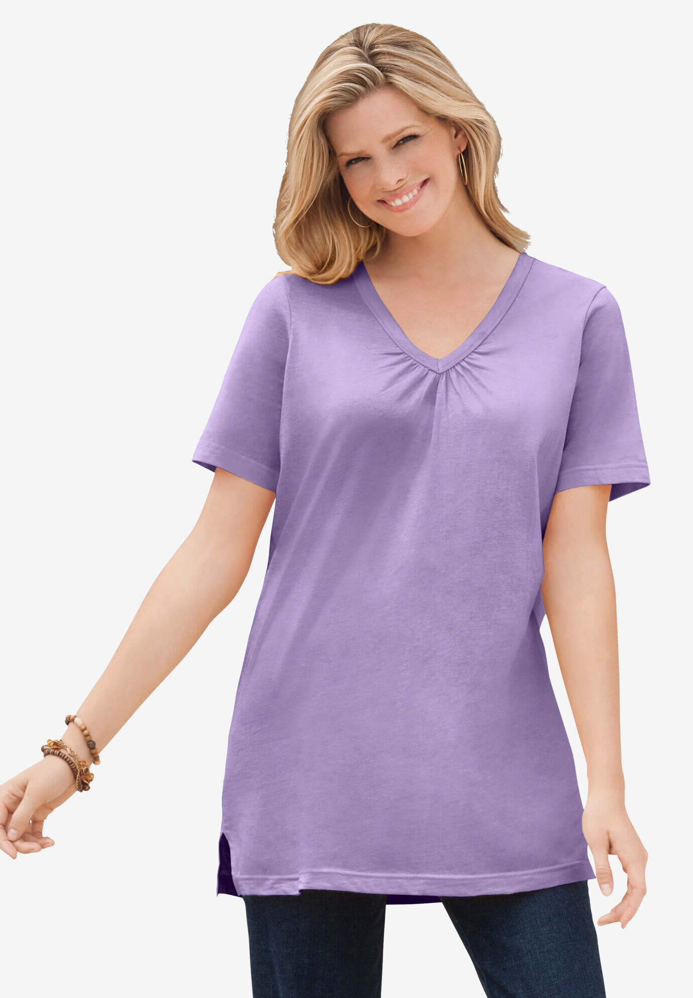 Perfect Short-Sleeve Shirred V-Neck Tunic