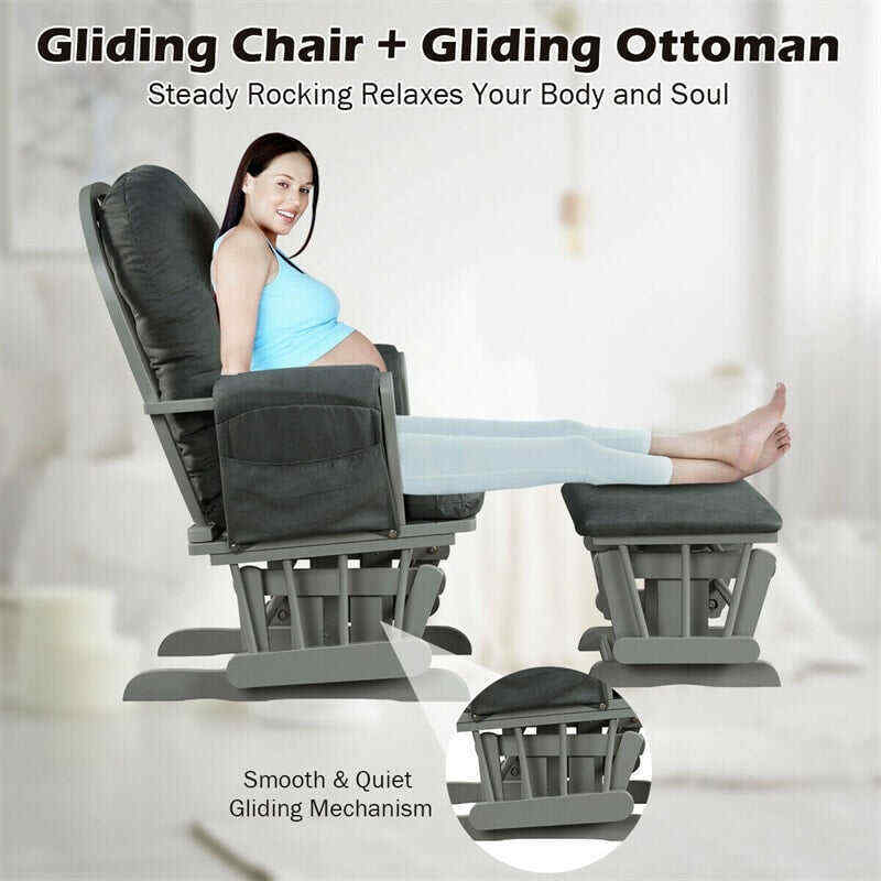 Wood Baby Glider Rocking Chair Nursery Chair with Gliding Ottoman & Storage Pocket