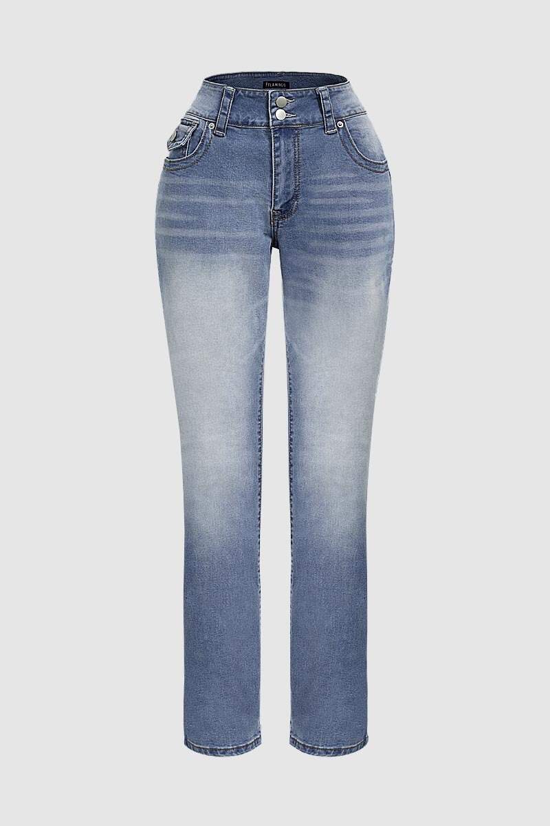 Wash Double Button Flap Pocket Mid Waist Straight Leg Jeans
