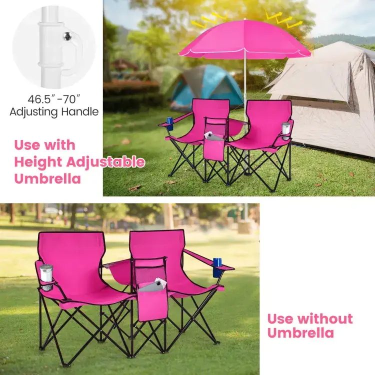 COSTWAY Double Portable Picnic Chairs, Folding Camping Chairs w/Detachable Umbrella, Cooler Bag, Cup Holders, Patio Beach Camping Chairs for Outdoors football baseball season
