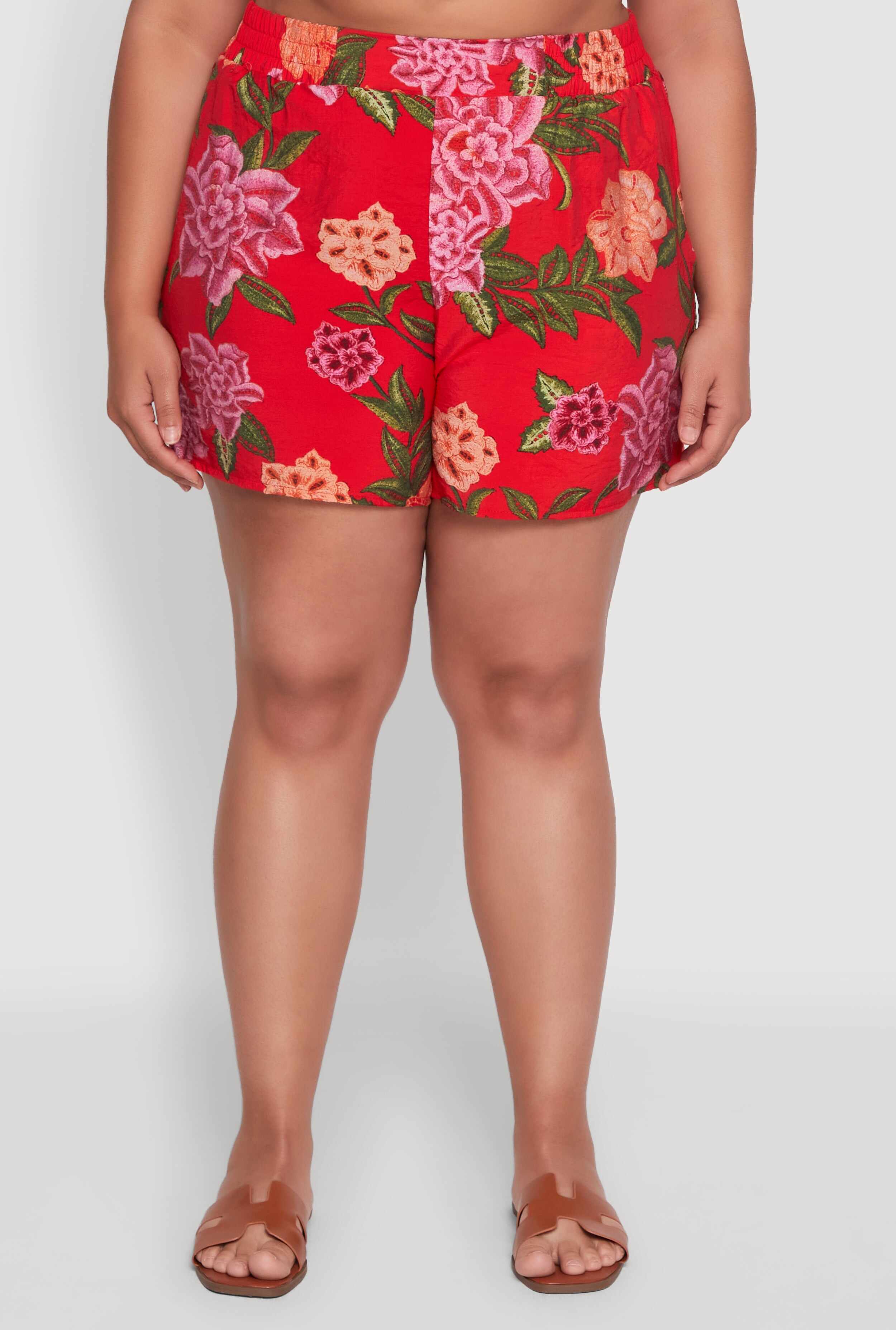 Plus Size Floral High Waisted Pull On Shorts