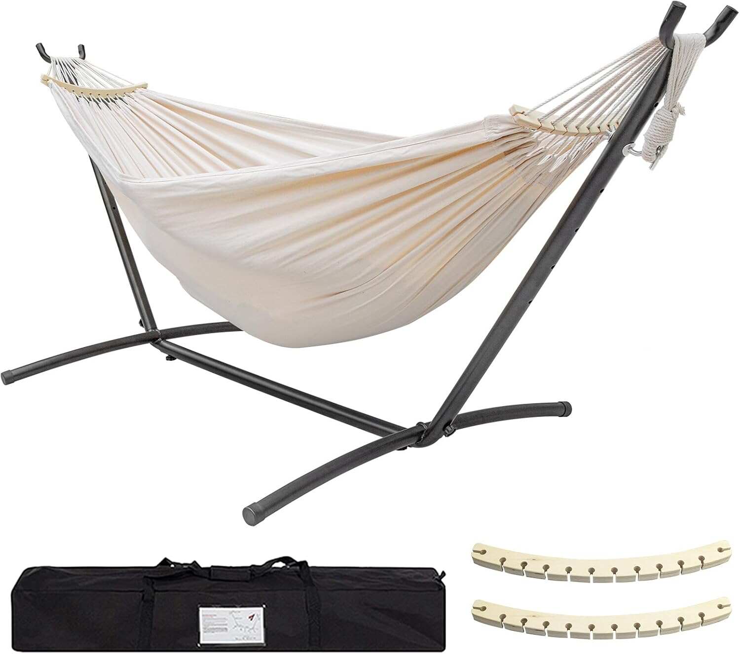 Double Hammock with Stand Included 450lb Capacity Steel Stand, Premium Carry Bag Included and Two Anti Roll Balance Beam, Portable Hammock with Stand for Backyard, Camping,Garden Brown Stripes
