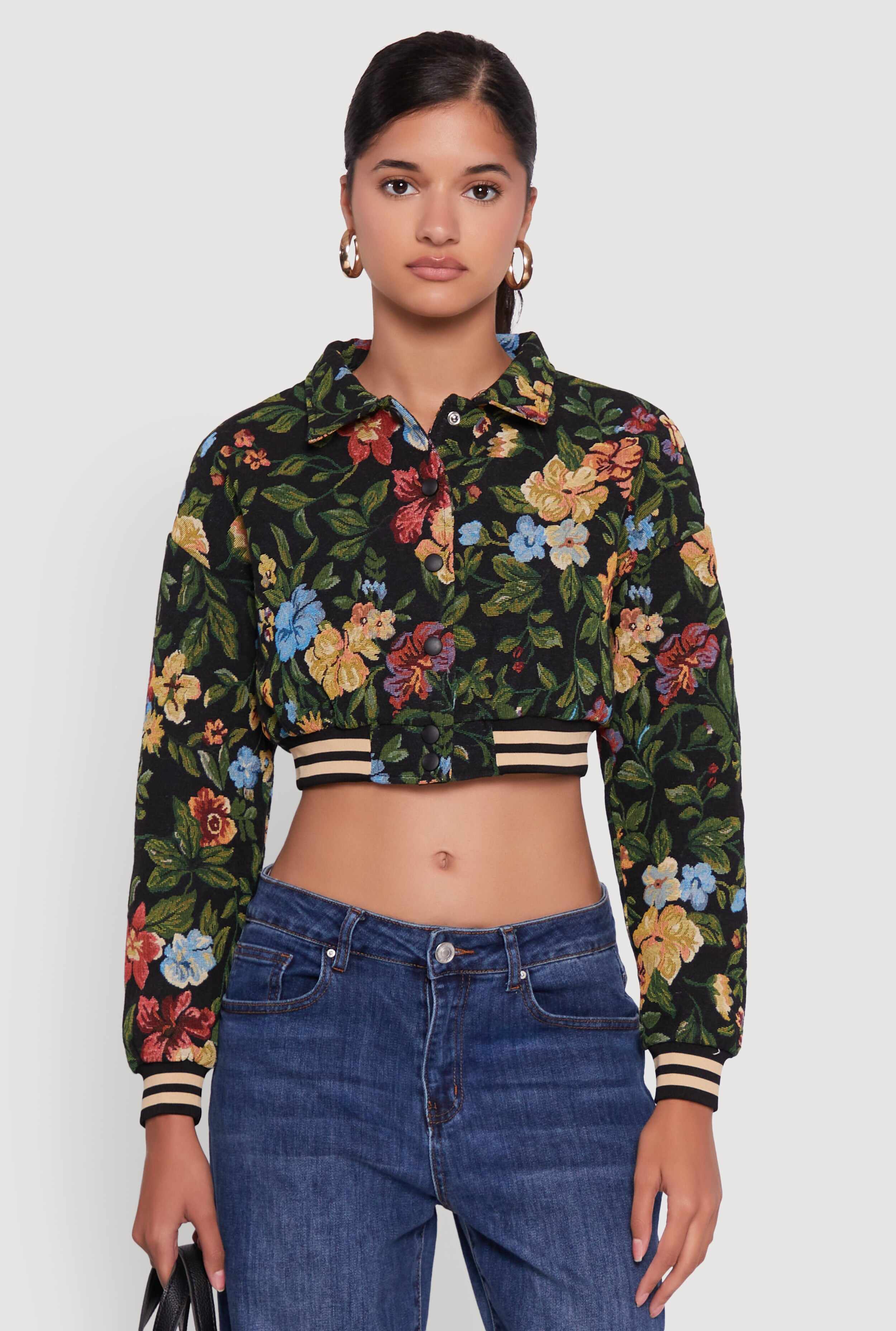 Floral Jacquard Cropped Bomber Jacket