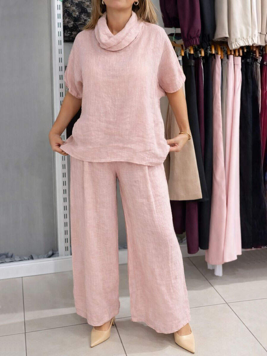 🔥Summer Arrivals🌟Women's Solid Color Stand-up Collar Short-sleeved Casual Loose Cotton Linen Top And High-waisted Casual Loose Cotton Linen Wide-
