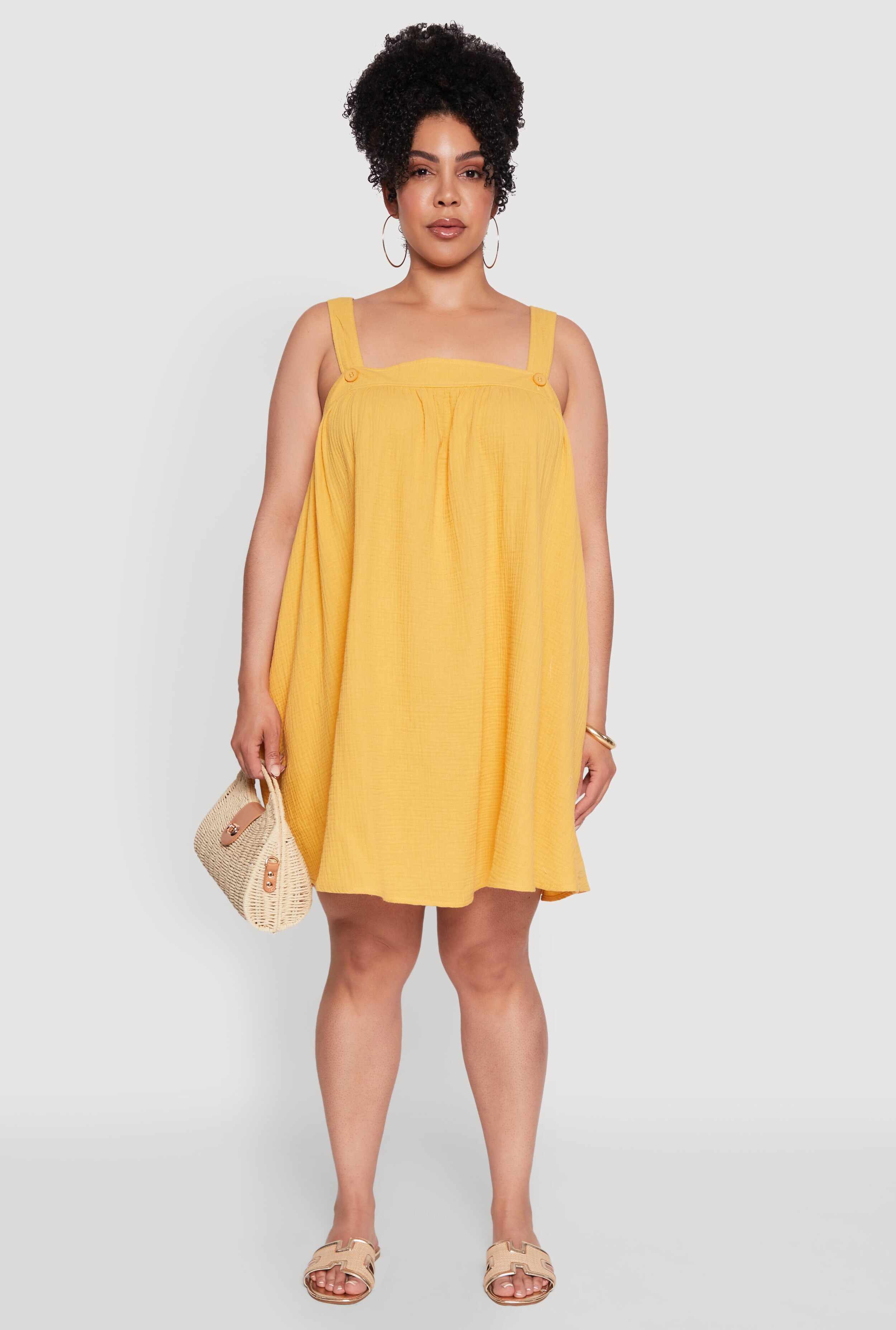Plus Size Gauze Knit Square Neck Babydoll Dress with V Back