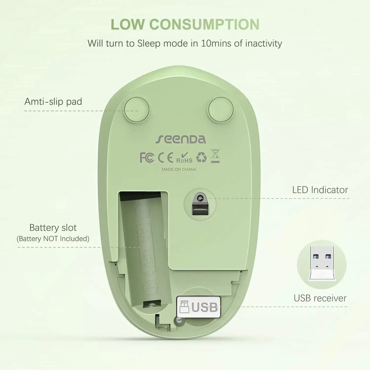 seenda Wireless Mouse, 2.4G Noiseless Mouse with USB Receiver - Portable Computer Mice for PC, Tablet, Laptop with Windows System - Mint Green